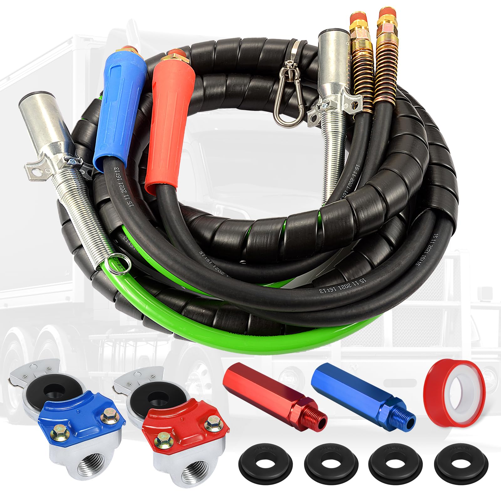 12Ft Semi Truck Air Line Kit - 3 in 1 Wrap Air Power Line with Glad Hand, Handles & Seals | Heavy Duty Air Hose for Semi Truck, Trailer & Tractor (TR813215) | Perfect for Long Haul Trucking & Trailer Maintenance