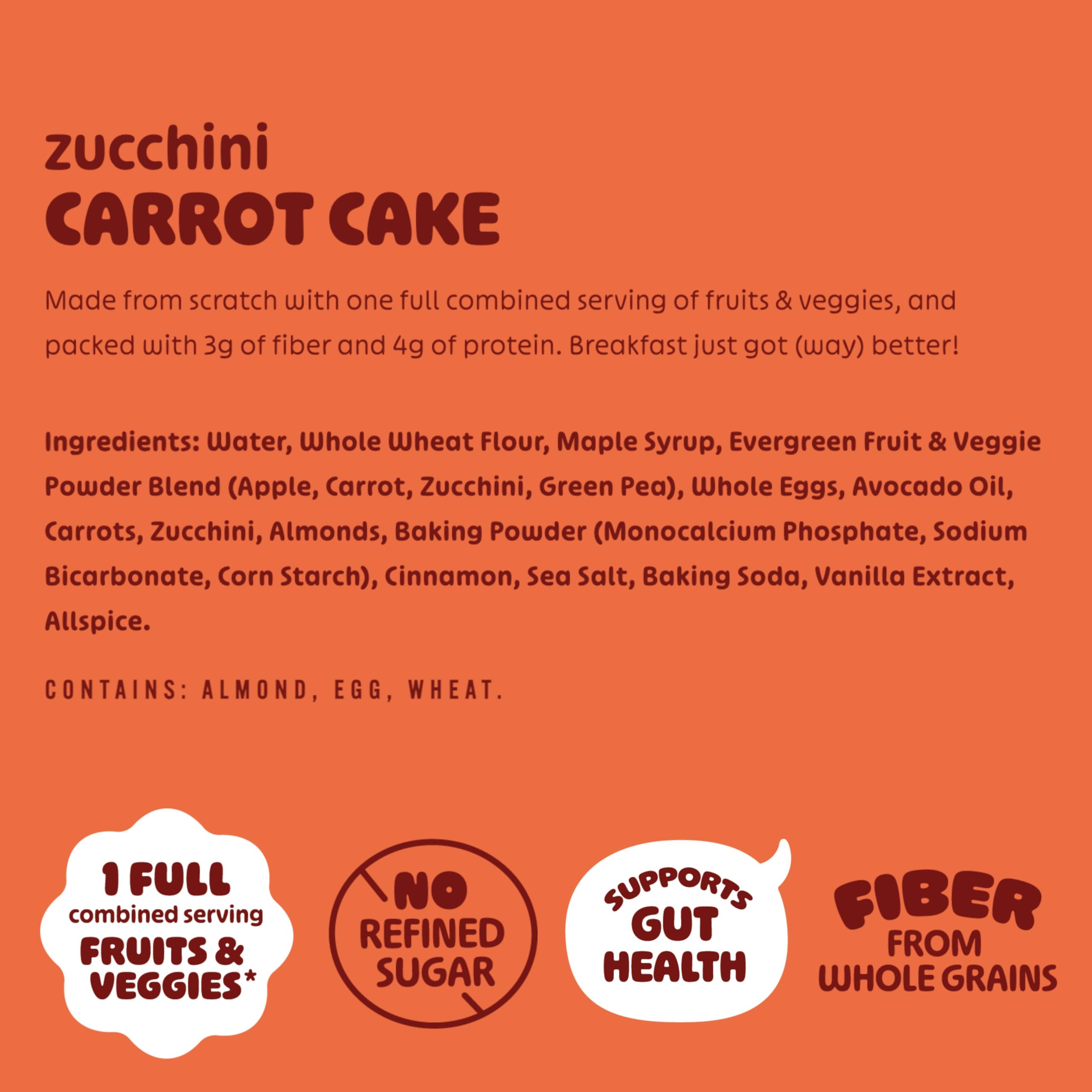 Evergreen Zucchini Carrot Cake Waffles - 100% Whole Grain, Dairy-Free, No Preservatives | 9 Frozen Waffles per Bag with 1 Full Serving of Fruits & Vegetables | Supports Gut Health | Perfect for Breakfast, Kids' Snacks & Healthy Eating