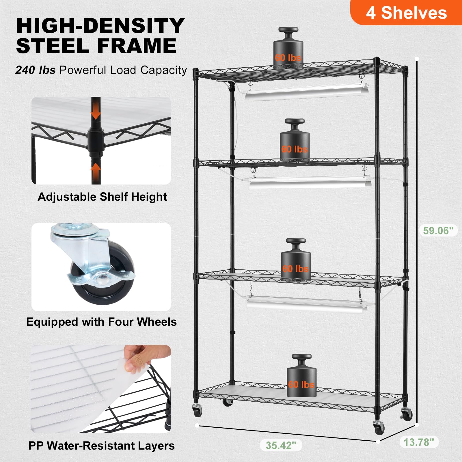 VEVOR 4 Tier Metal Plant Stand with 90W Full Spectrum Grow Light - Adjustable Indoor Plant Shelf with 3 Lighting Modes for Seed Starting, Herbs & Houseplants - Perfect for Home, Office & Garden Plant Display