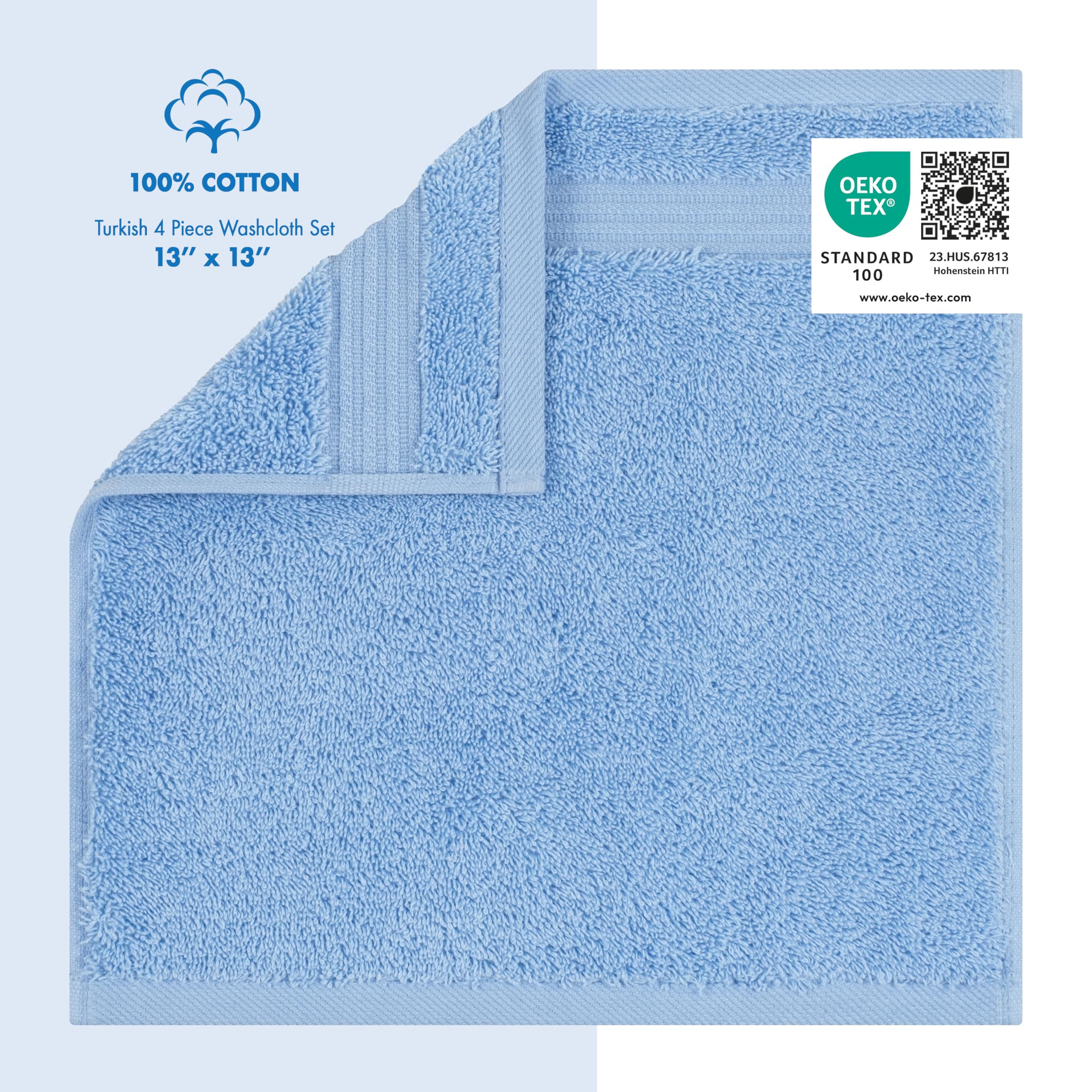 100% Cotton Turkish Washcloths - Ultra Soft & Absorbent 4-Piece Bath Towel Set for Face, Hands & Body | Sky Blue Bathroom Towels for Spa, Baby Care & Gentle Exfoliation