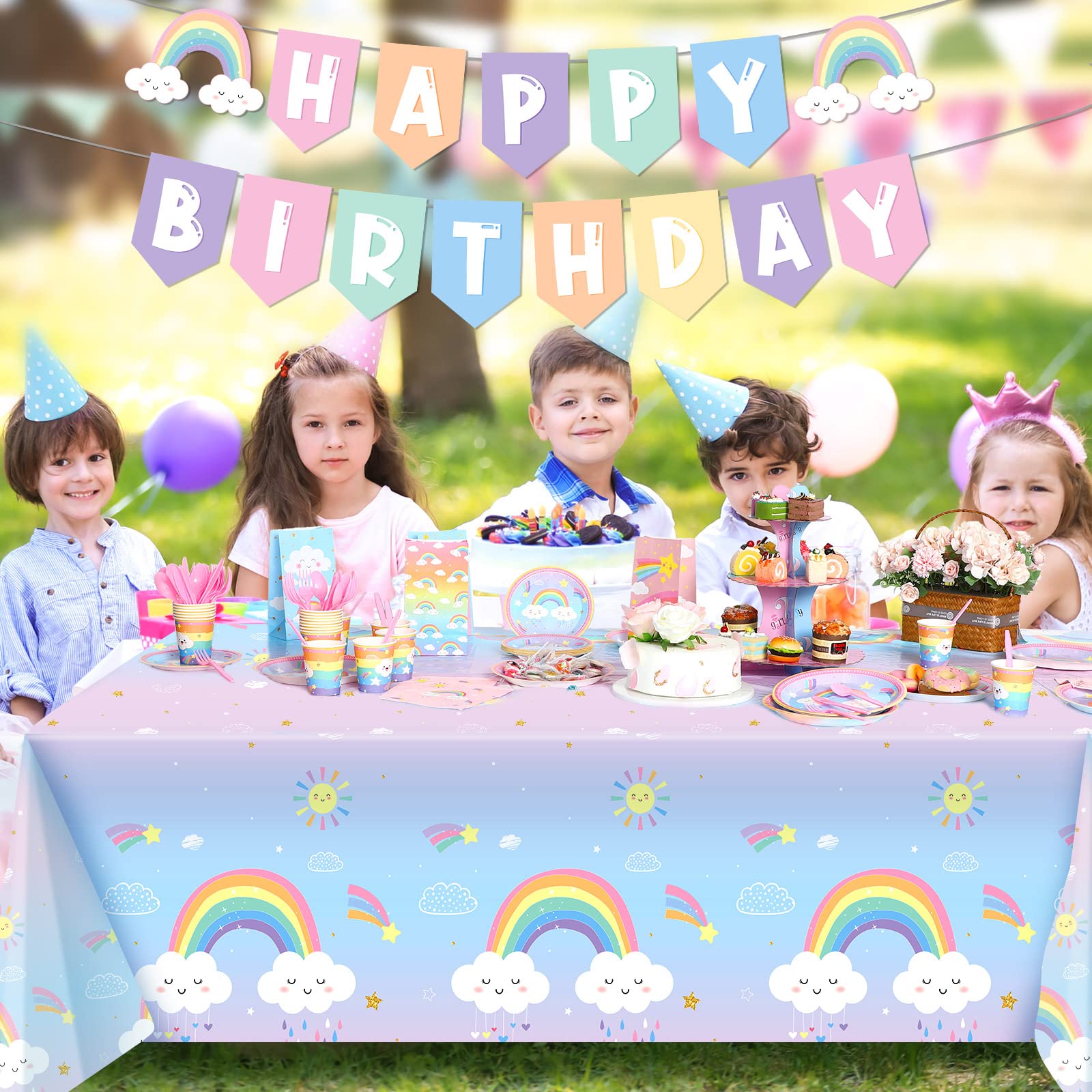 212-Piece Pastel Rainbow Birthday Party Supplies Set - Includes Paper Plates, Tablecloth, Cups, Napkins, Cutlery & Banner for 30 Guests - Perfect for Rainbow Themed Parties, Baby Showers & Celebrations (Cute Style)