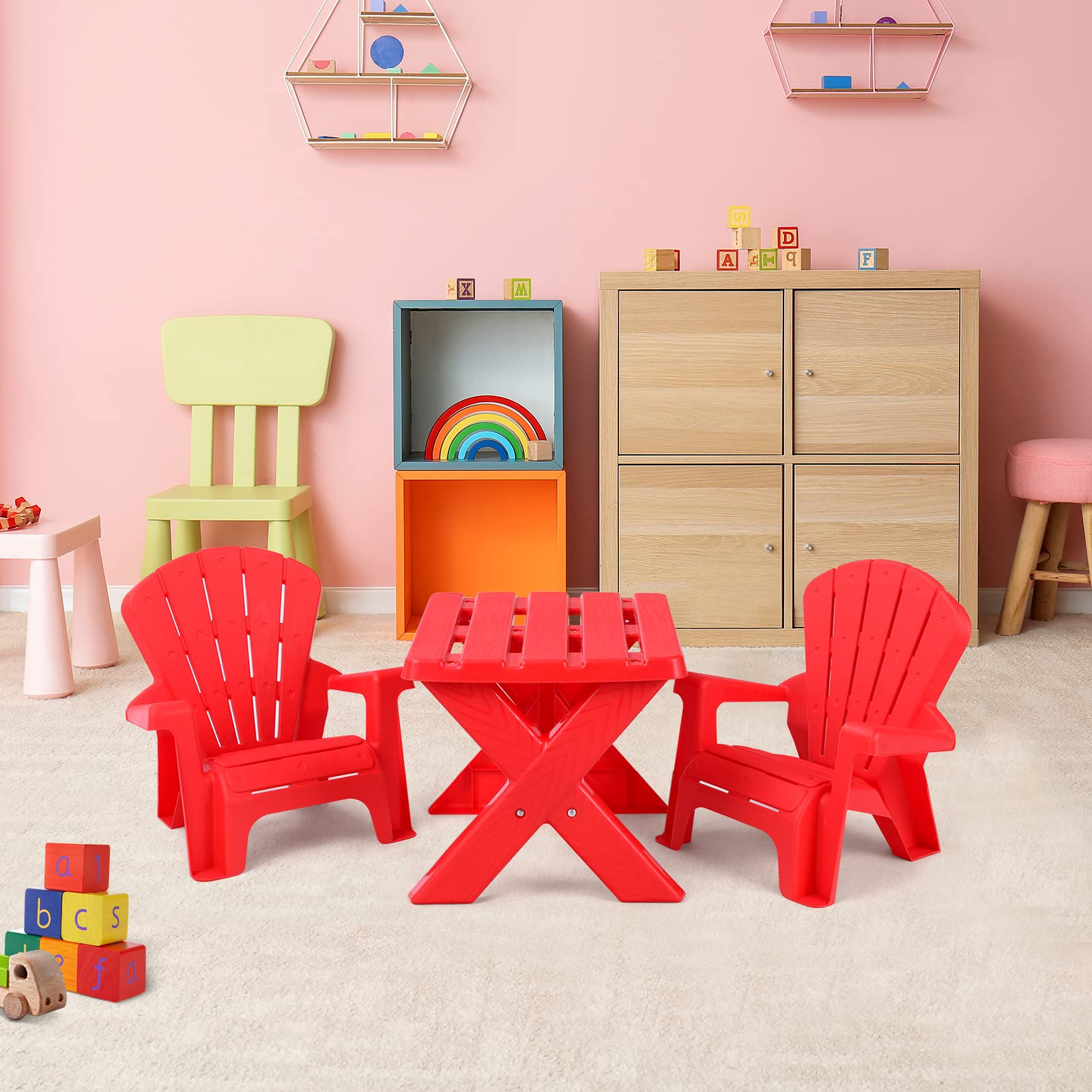 COSTWAY Kids Outdoor Table & Chair Set - 3-Piece Toddler Play Table with 2 Adirondack Chairs, Stackable Space-Saving Backyard Furniture for Beach, Garden & Lawn (Red) | Perfect for Outdoor Play, Picnics & Summer Activities