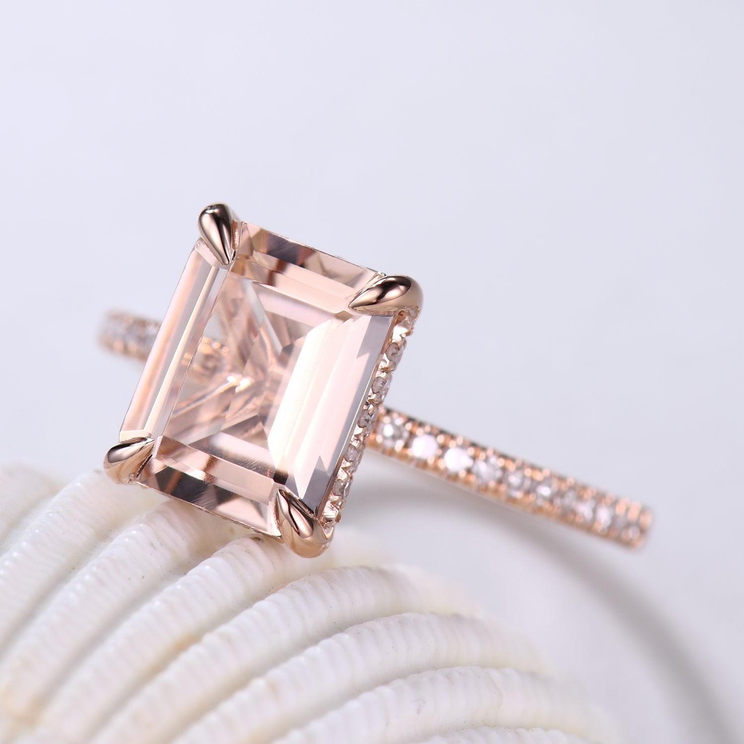 6x8mm Emerald Cut Morganite Engagement Ring with Hidden Halo & Diamond Accents in Rose Gold - Perfect for Proposals, Anniversaries & Romantic Occasions