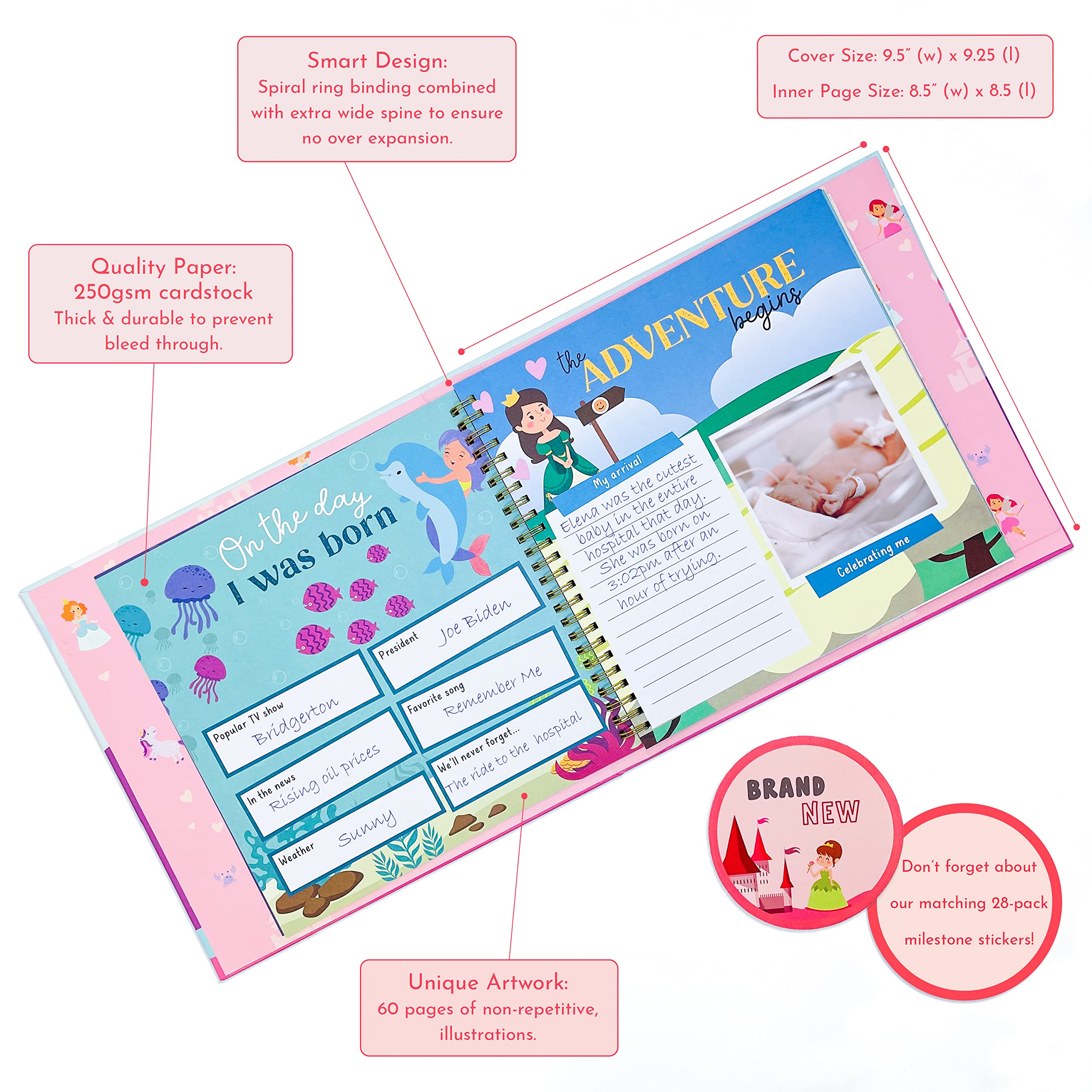 RubyRoo Baby Memory Book - First 5 Years Scrapbook & Milestone Journal for Baby Girl - Hardcover Keepsake Photo Album (60 Pages) - Perfect Pregnancy Gift for Baby Shower - Newborn Fairyland Theme - Capture Precious Moments from Birth to Toddler Years