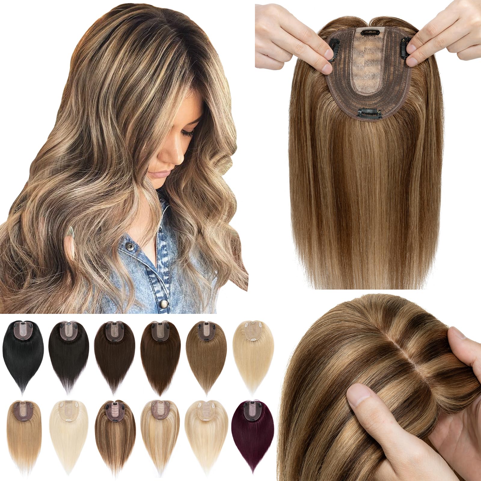 SEGO Real Human Hair Toppers for Women - No Bangs, 130% Density, 10x12cm Silk Base, 100% Remy Human Hair Clip-in Top Wiglet for Thinning Hair - 12 Inch Medium Brown & Dark Blonde | Perfect for Daily Wear, Special Occasions & Hair Loss Solutions