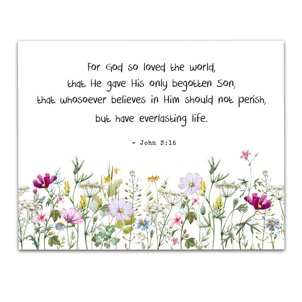 TJ Originals - John 3:16 Bible Verse Wall Art - 11x14 Inspirational Christian Home Decor with Wild Flowers Design - Perfect for Living Room, Bedroom & Church - Great Gift for Women, Family & Friends (Birthday, Housewarming, Religious Occasions)