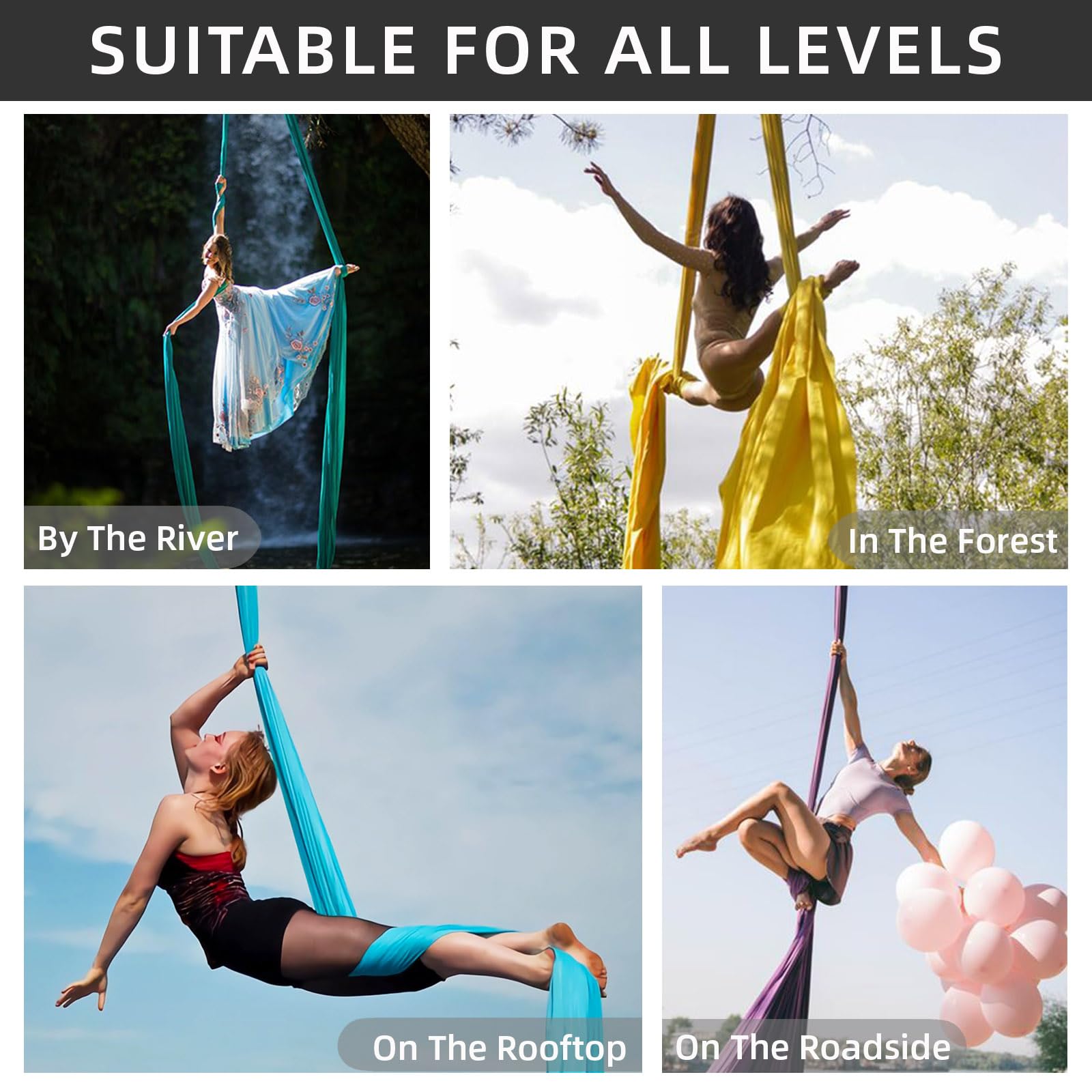 PRIOR FITNESS Aerial Yoga Silks Set - Professional Thick Low-Stretch Fabric (9/15/20 Yards) with Hardware Guide - Home Gym Equipment for Aerial Yoga, Gymnastics & Anti-Gravity Training - Perfect for Beginners to Advanced Users - Great for Home Workouts, Studio Training & Inversion Exercises