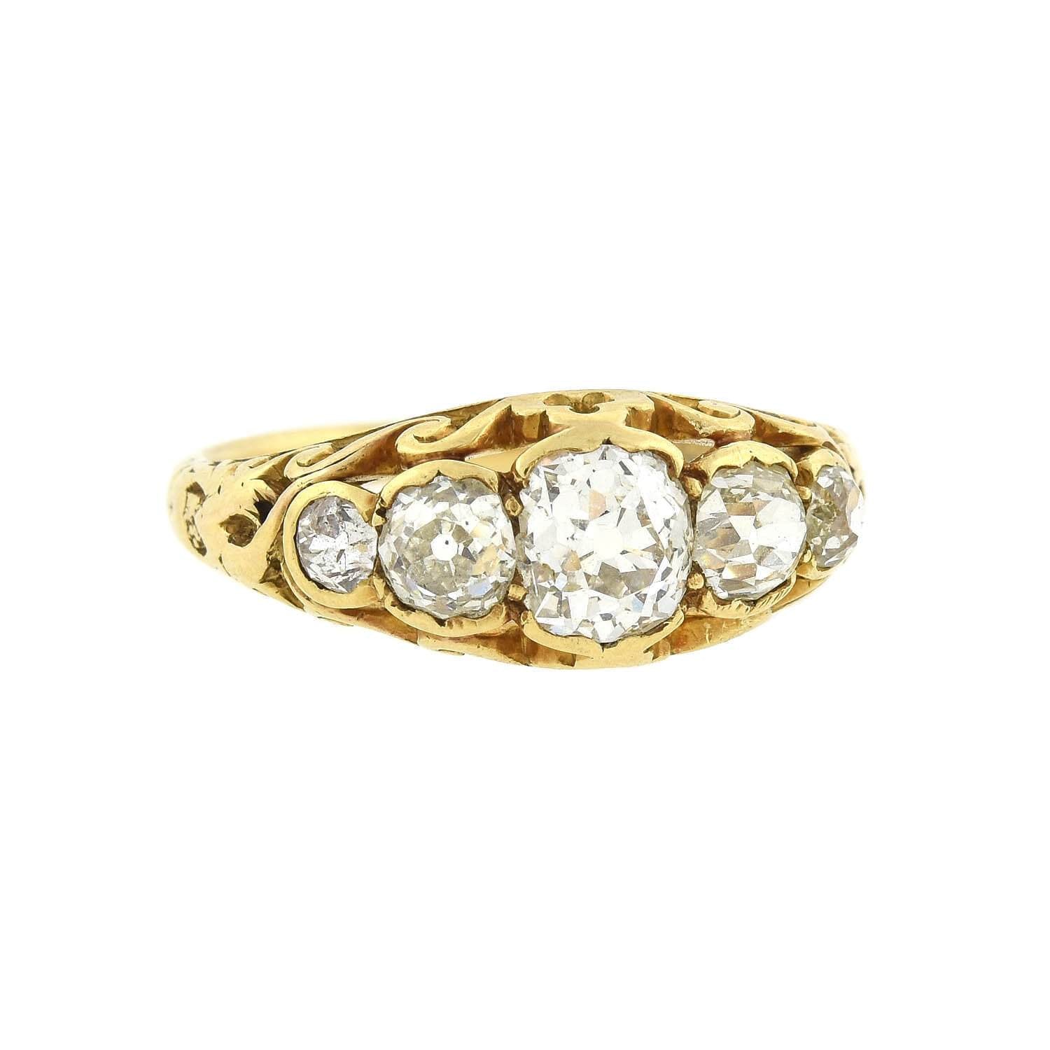 Victorian Style 18kt Gold Mine Cut Diamond 5 Stone Ring - 2.00ctw Total Weight - Elegant Antique Jewelry for Weddings, Anniversaries & Special Occasions