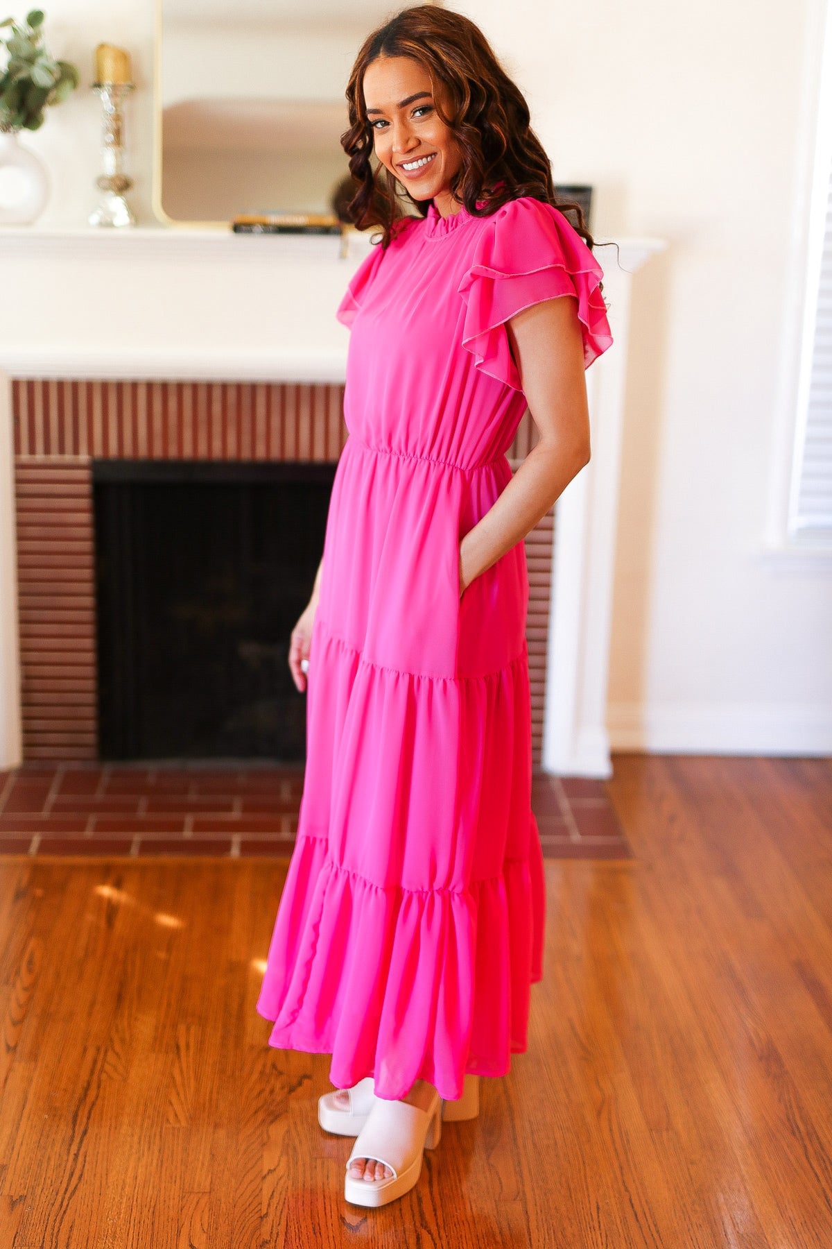 Haptics Perfectly You Hot Pink Mock Neck Tiered Chiffon Maxi Dress for Women - Elegant Formal & Party Wear, Wedding Guest Outfit, Evening Gown