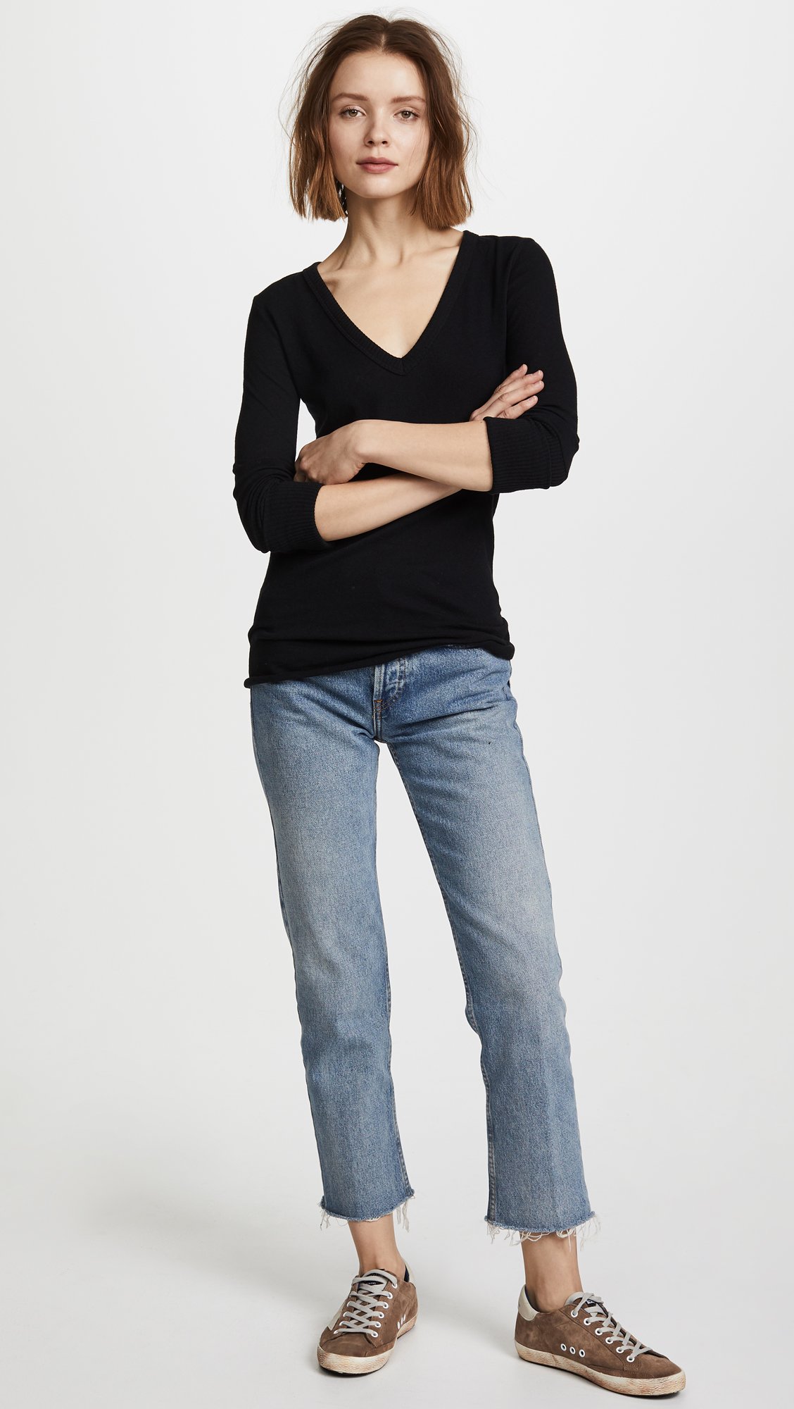 Enza Costa Women's Soft Cashmere Blend Long Sleeve V-Neck Top with Thumbholes & Cuffed Sleeves - Perfect for Work, Travel & Casual Outfits
