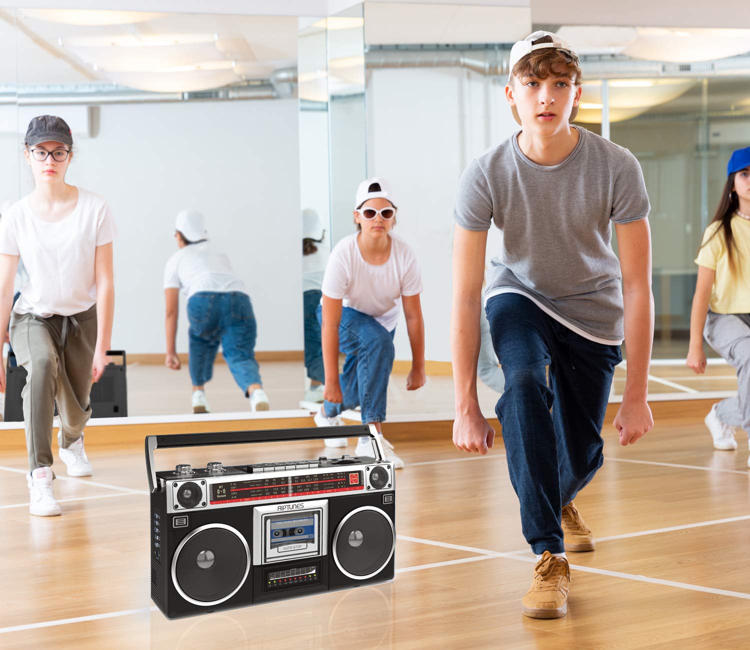 Riptunes Boombox Radio Cassette Player Recorder - AM/FM/SW1/SW2 Wireless Stereo with Bluetooth, USB/Micro SD/AUX Input, Headphone Jack - 80s Retro Style Black for Home, Office, Parties & Outdoor Activities