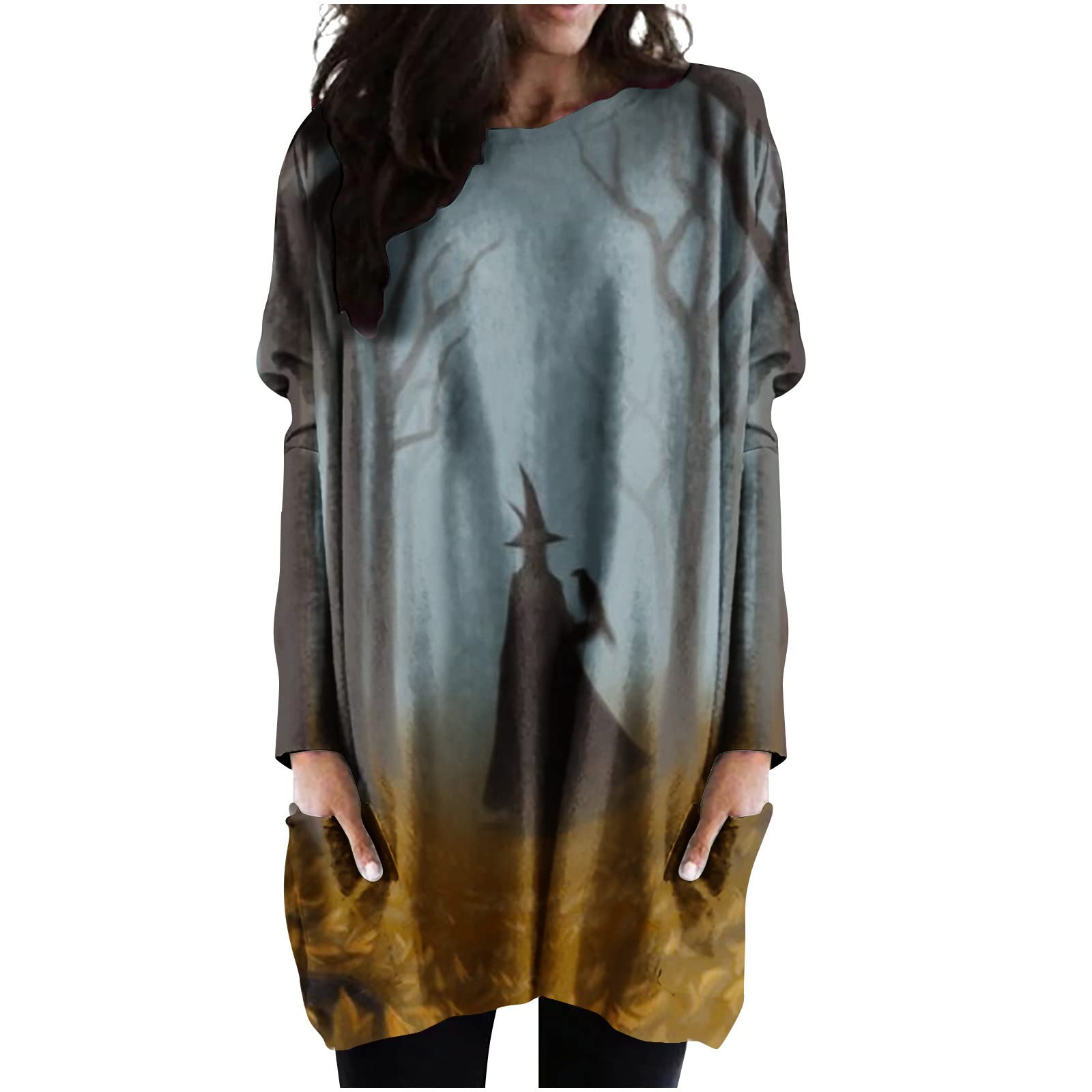 Halloween T-Shirt Dress - Vintage Graphic Print Long Sleeve Crew Neck Pocket Dress for Women | Casual Loose Fit Fall Fashion | Perfect for Halloween Parties, Autumn Outings & Everyday Wear