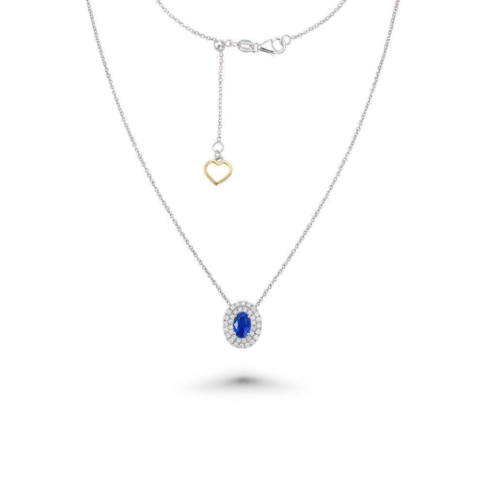 Elegant 18K Gold Oval Blue Sapphire & Diamond Double Halo Necklace (0.73ct) - Perfect for Weddings, Anniversaries & Special Occasions