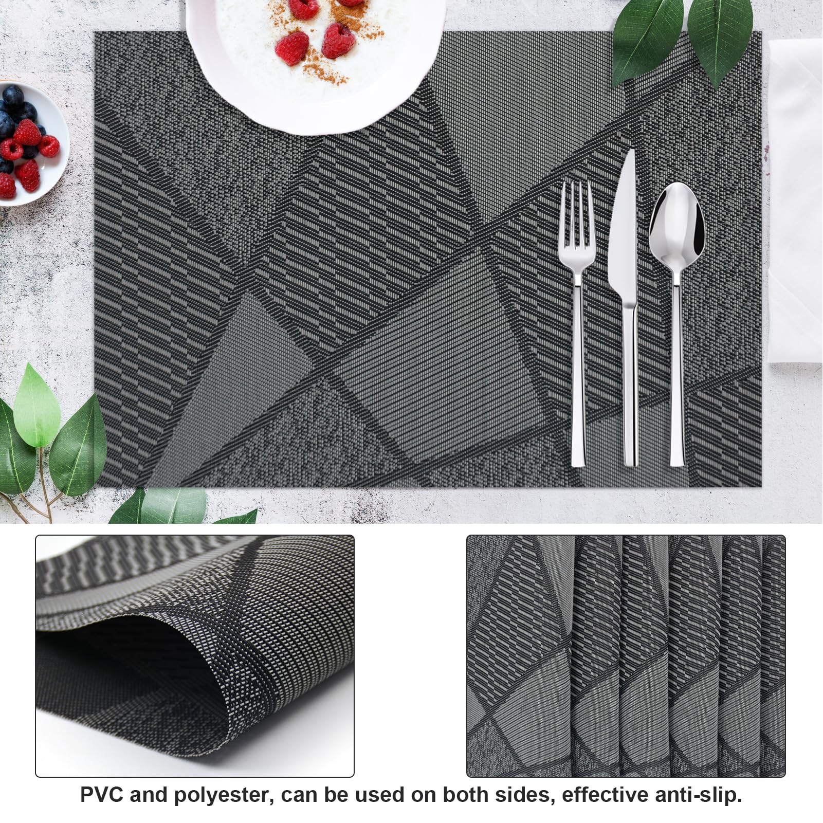 Premium 6-Piece Durable Placemats Set - Heat Resistant & Washable Vinyl Placemats for Kitchen & Dining Table - Indoor/Outdoor Use - Easy Clean & Woven Design (Black) - Perfect for Daily Meals, Parties, and Outdoor Dining