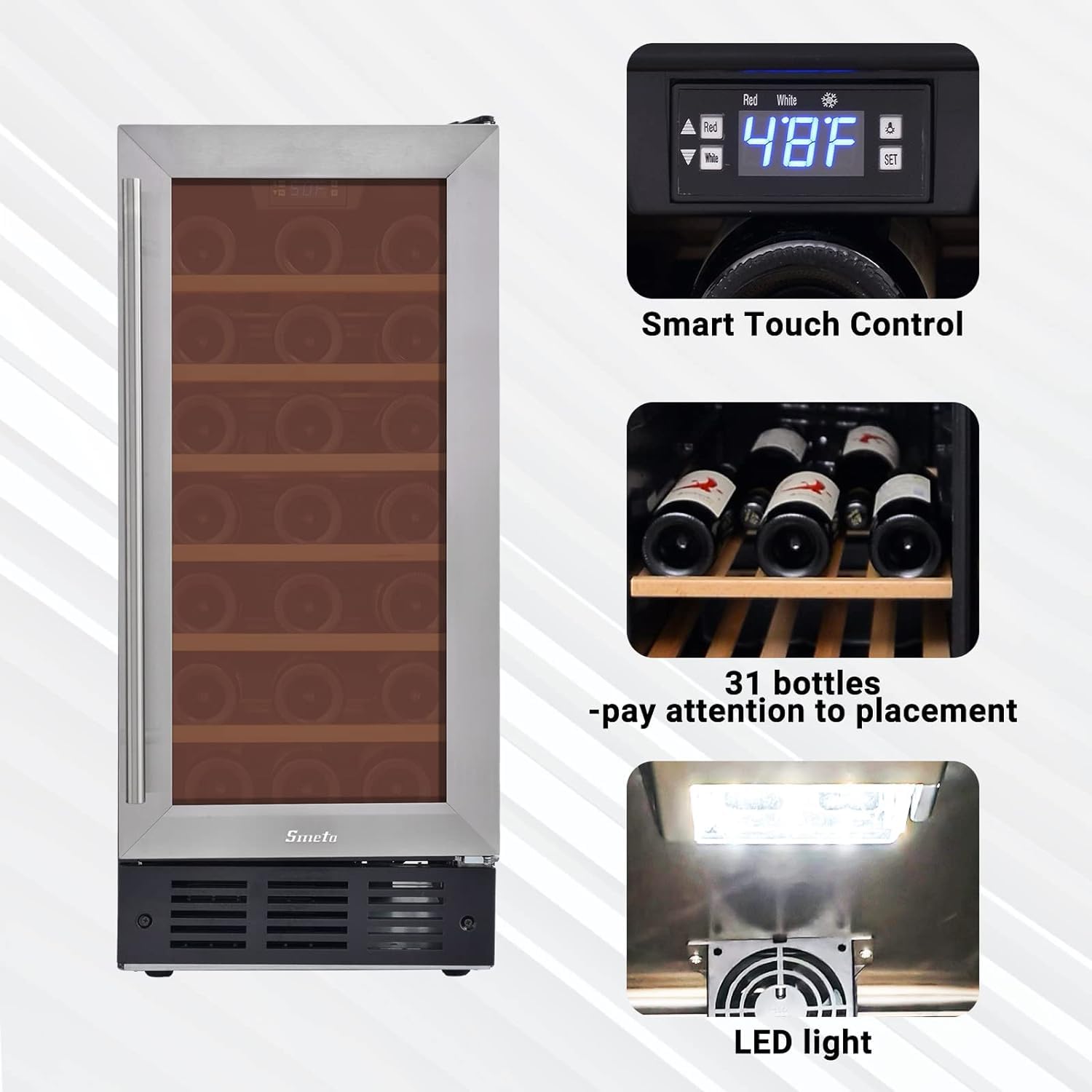 15 Inch Built-In Under Counter Wine Cooler - 33 Bottle Capacity, Stainless Steel & Black Glass Door Wine Fridge for Home Bar - Quiet Operation with LED Lighting - Perfect for Kitchen, Basement, or Entertainment Room Storage