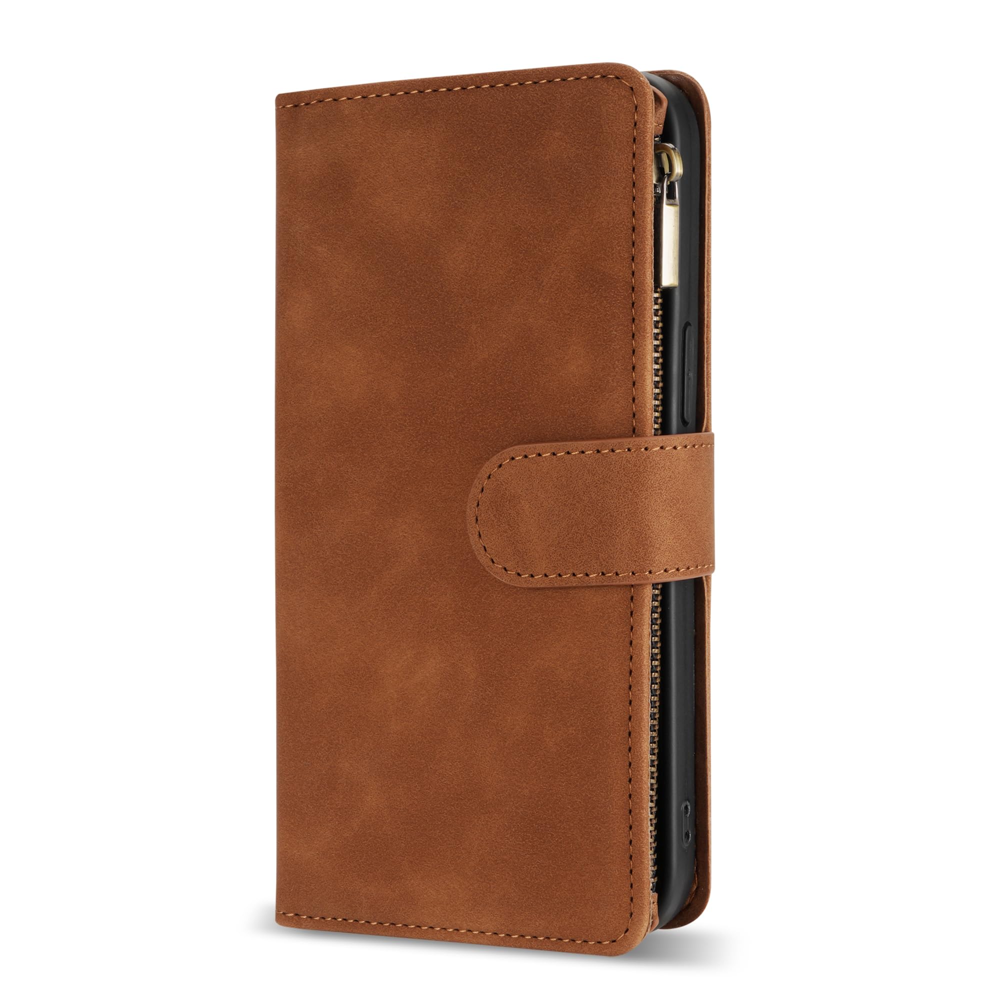 Premium Soft PU Leather Zipper Flip Folio Wallet Case for Samsung Galaxy S22 Plus (6.6 Inch) - Card Slots, Wrist Strap & Kickstand | Protective Cover for Everyday Use, Travel & Business Meetings (Brown)