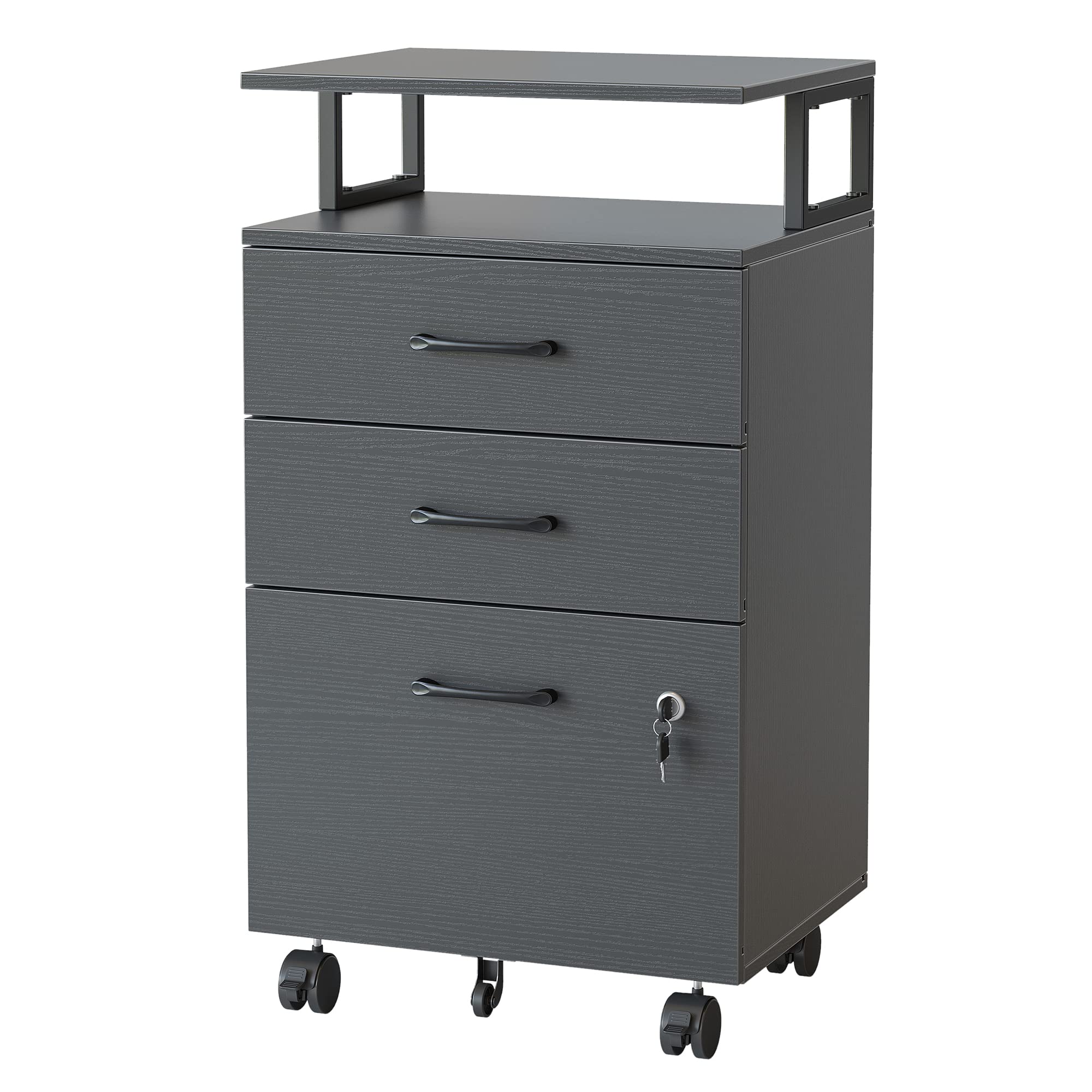 FEZIBO 3-Drawer Locking File Cabinet with Wheels - Wooden Storage Cabinet for A4/Letter/Legal Size Documents - Home Office Organization Solution for Files, Printer Stand & Office Supplies (Black) - Perfect for Small Spaces & Shared Workspaces
