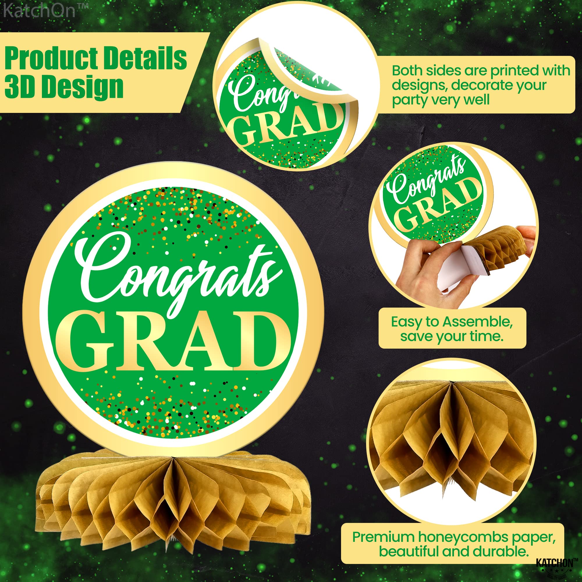 KatchOn Light Green & Gold Graduation Centerpieces for Tables 2025 - Pack of 9 Honeycomb Decorations | Congrats Grad Party Supplies | Perfect for Graduation Ceremonies, Banquets & Photo Backdrops