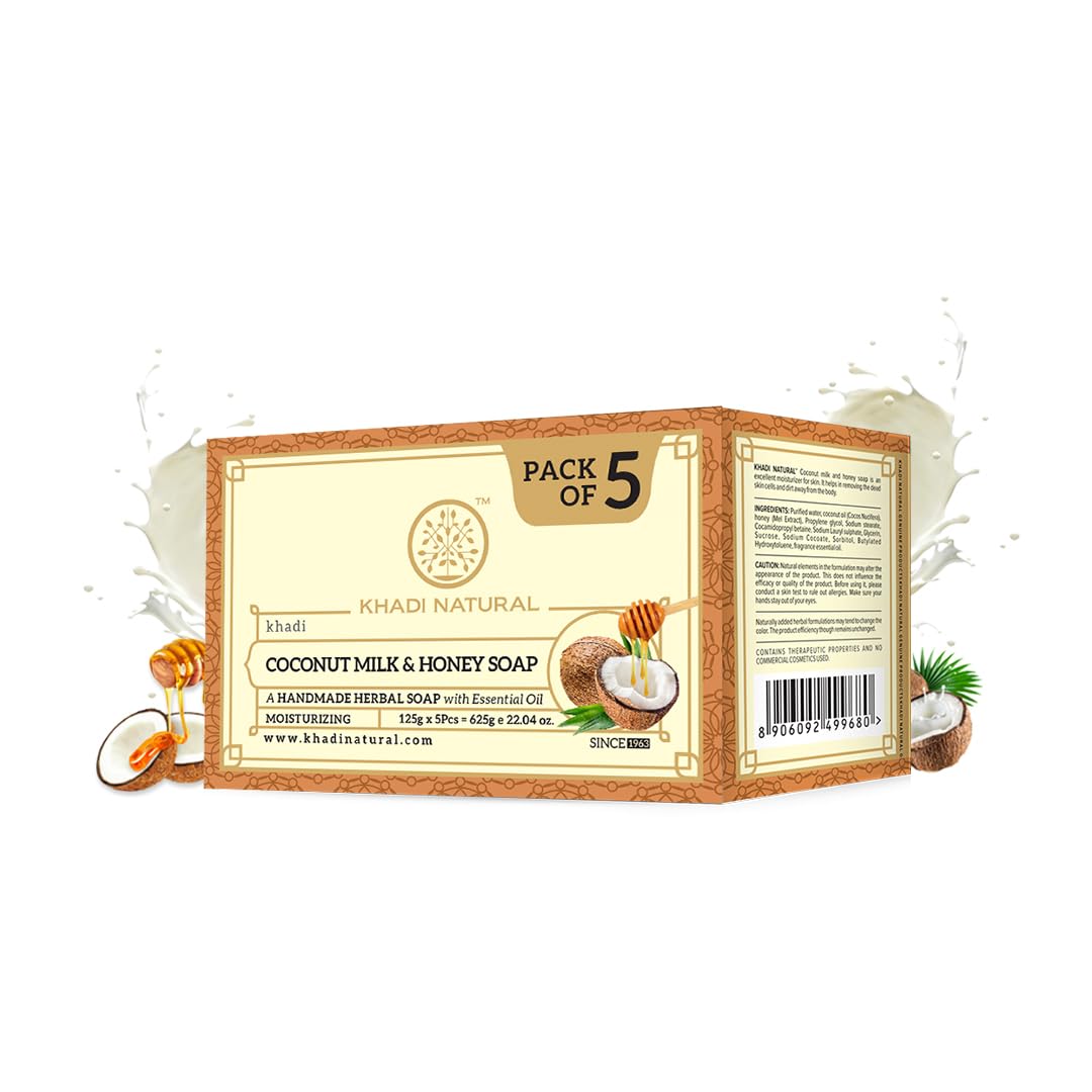 Khadi Natural Herbal Coconut Milk & Honey Soap for Glowing Skin - Long Lasting Hydration, All Skin Types - 5x125g (Pack of 5) | Perfect for Daily Skincare Routine, Spa Day & Gift Sets
