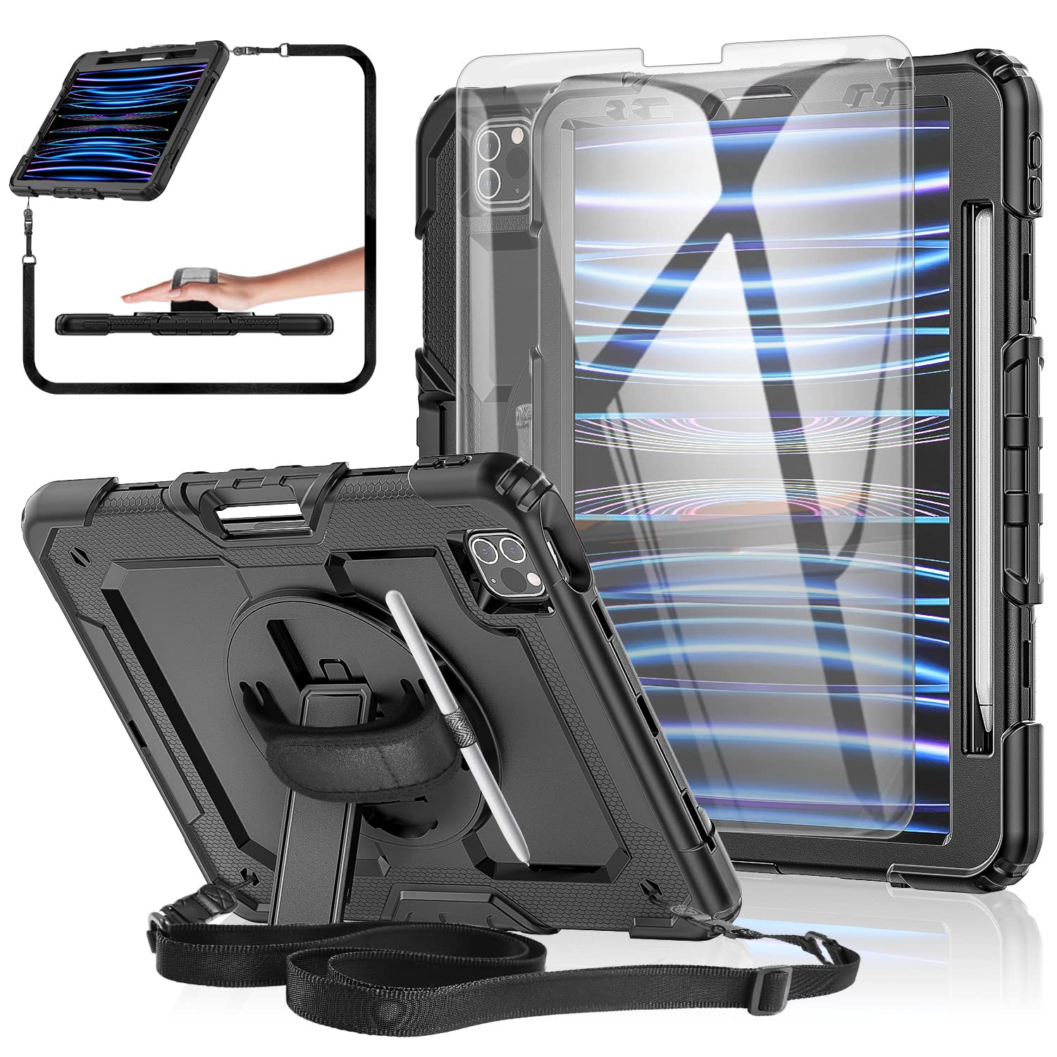 BASE MALL iPad Pro 11 Case & iPad Air 5th/4th Gen Case (2022/2020) - Shockproof Protective Cover with Tempered Glass Screen Protector, Pencil Holder, Rotating Kickstand & Adjustable Strap - Perfect for Kids, Travel & Work (Black)