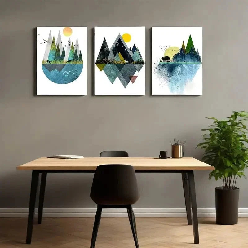 3-Piece Abstract Geometric Mountain Landscape Metal Wall Art - Ready to Hang Modern Home Decor for Living Room, Bedroom & Office