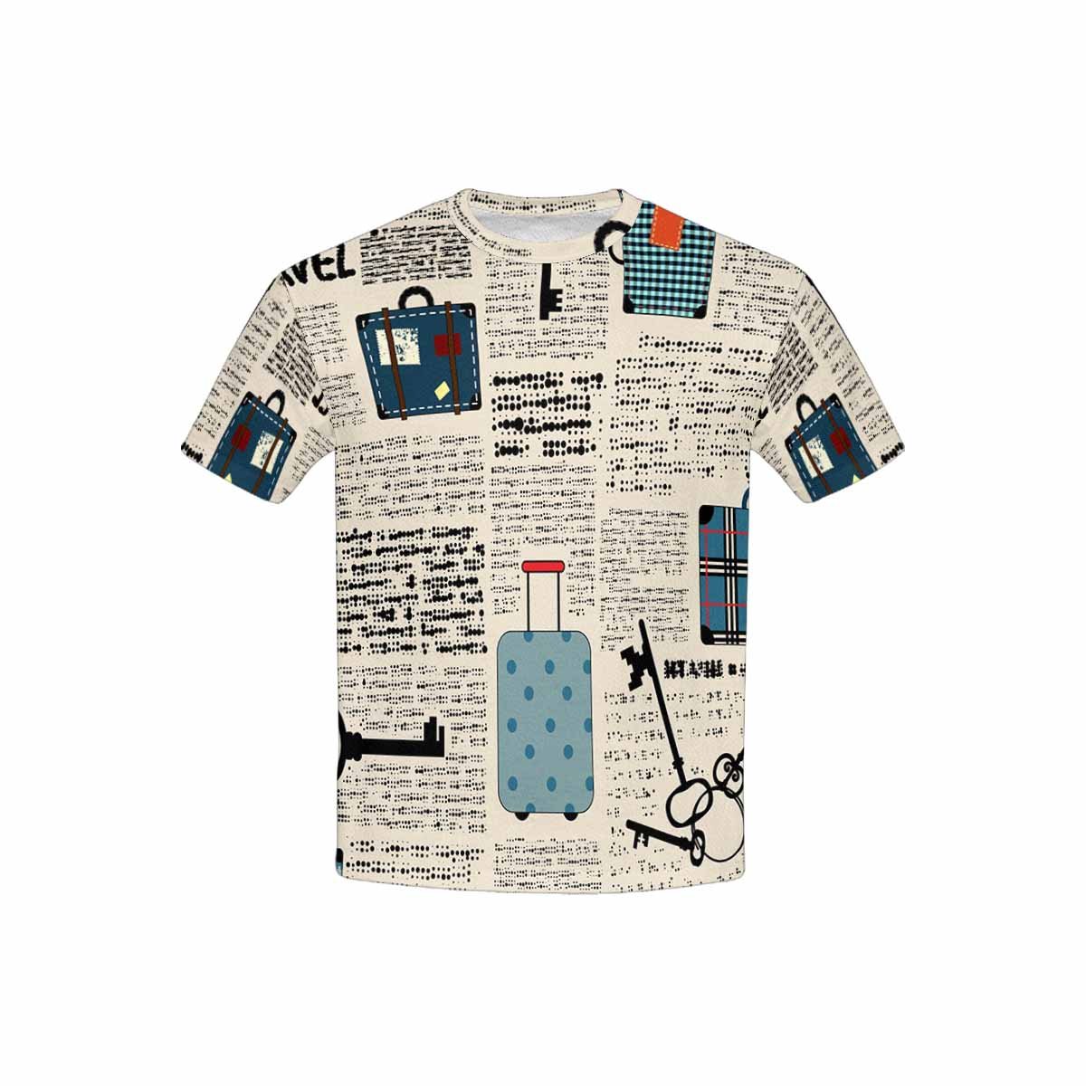 INTERESTPRINT Kids Travel-Themed Newspaper Print T-Shirt with Suitcase Design - Perfect for Vacation, Road Trips & Family Adventures (XS-XL)