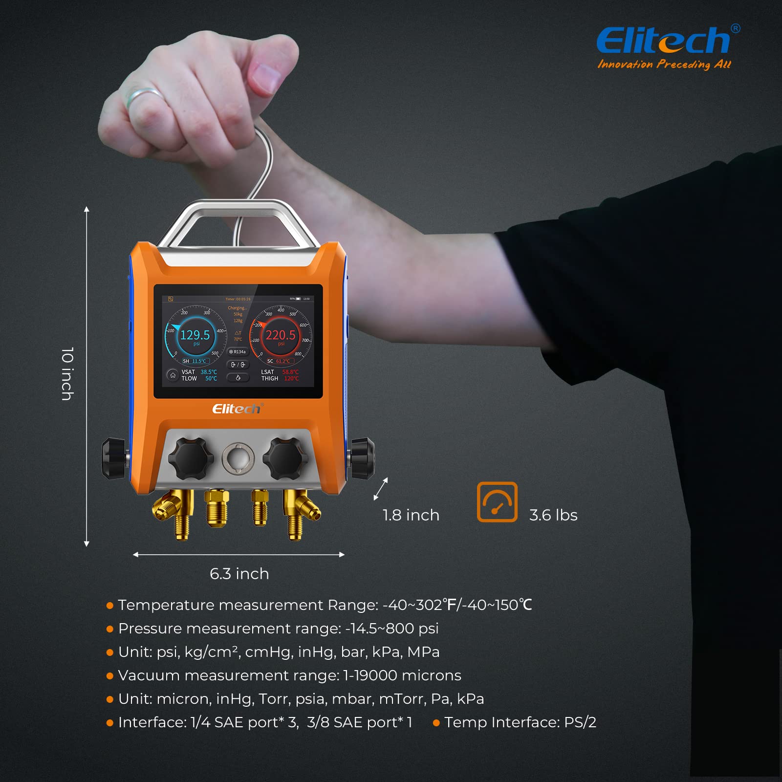Elitech EMG-40V Digital HVAC Manifold Gauge with Hoses & Sensors - for AC Refrigerant Charging