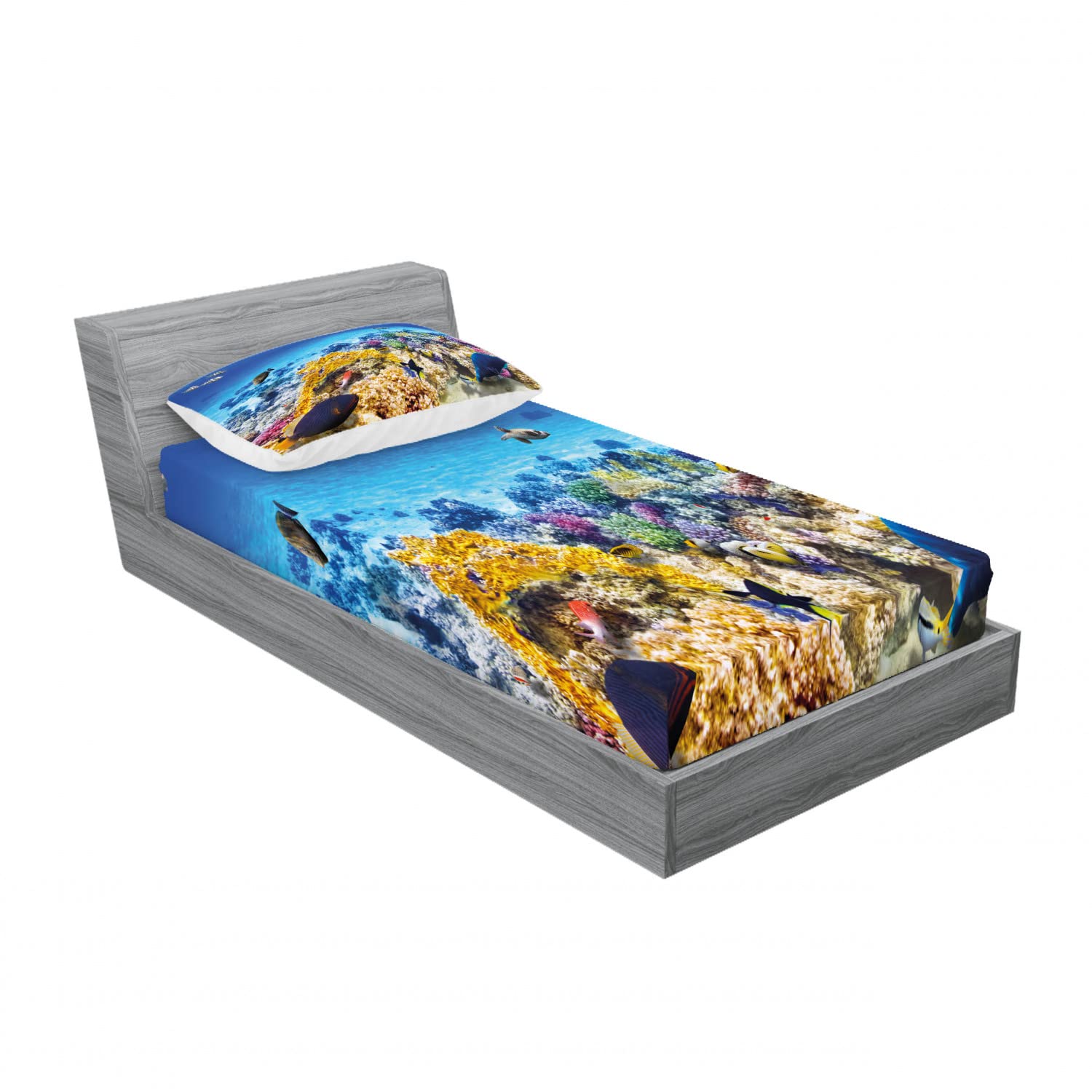Ambesonne 2-Pack Twin XL Fitted Sheets & Pillow Sham Set - Ocean Coral Goldfish Pattern, Turquoise Blue 4-Piece Bedding Set for Kids & Teens | Soft Microfiber Sheets for Dorms, Guest Rooms & Beach House Decor