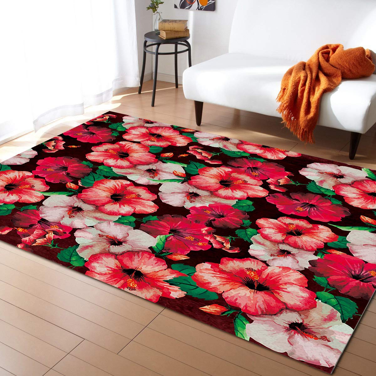 Ultra Soft Red Hibiscus Tropical Leaves Pattern Indoor Area Rug - 3'x5' Rectangle Floor Mat for Bedroom, Living Room | Perfect for Boho Decor & Cozy Home Accents