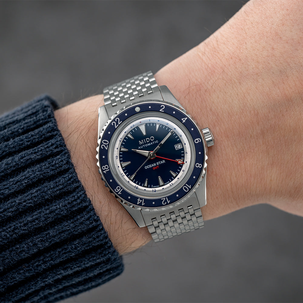 Ocean Star Shark Tooth Special Edition GMT Blue Dive Watch - Stainless Steel Bracelet for Men - Perfect for Diving, Travel & Luxury Collectors