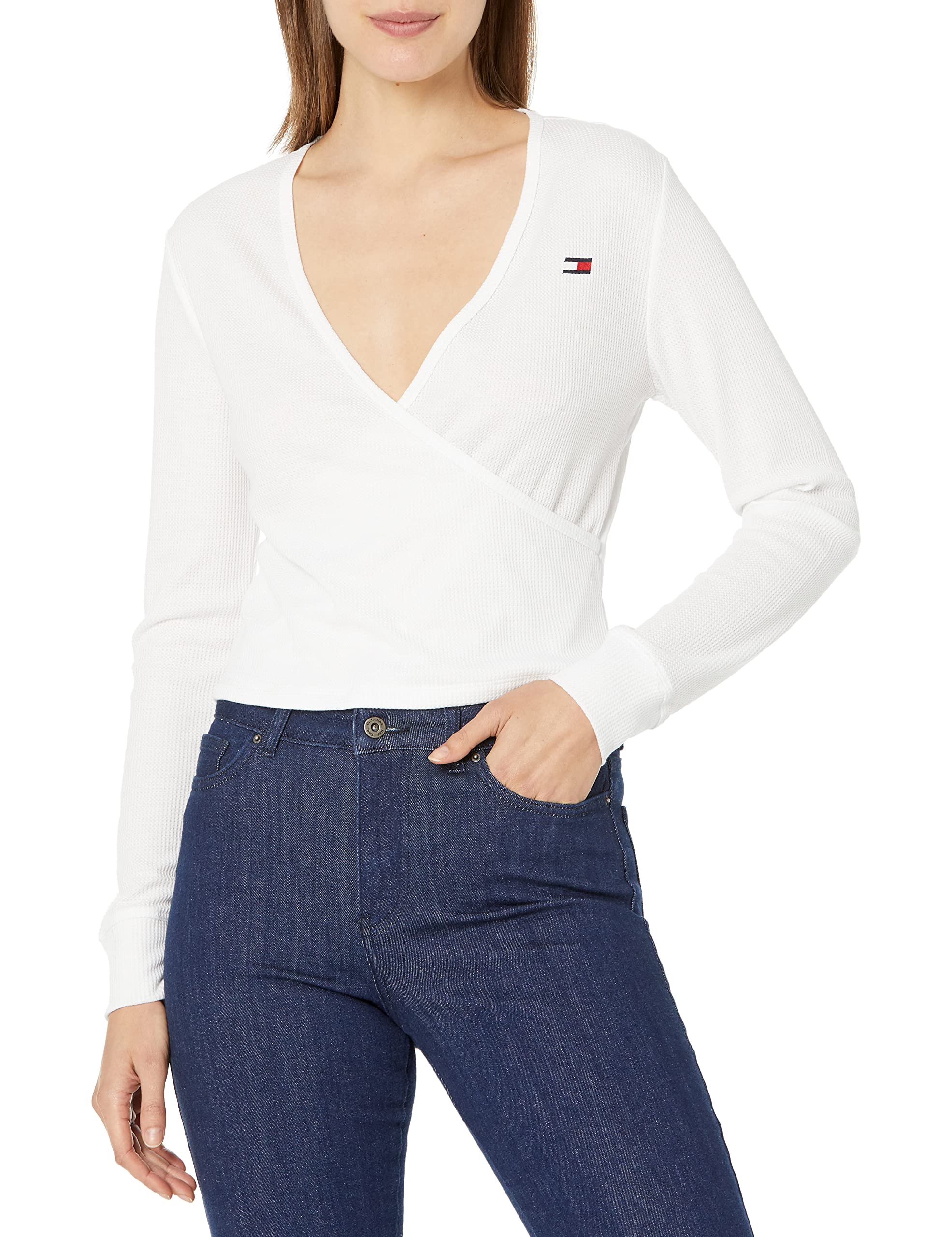 Tommy Hilfiger Women's Wrap Top Blouse - Short Sleeve V-Neck Casual Shirt for Summer, Office & Date Night Outfits