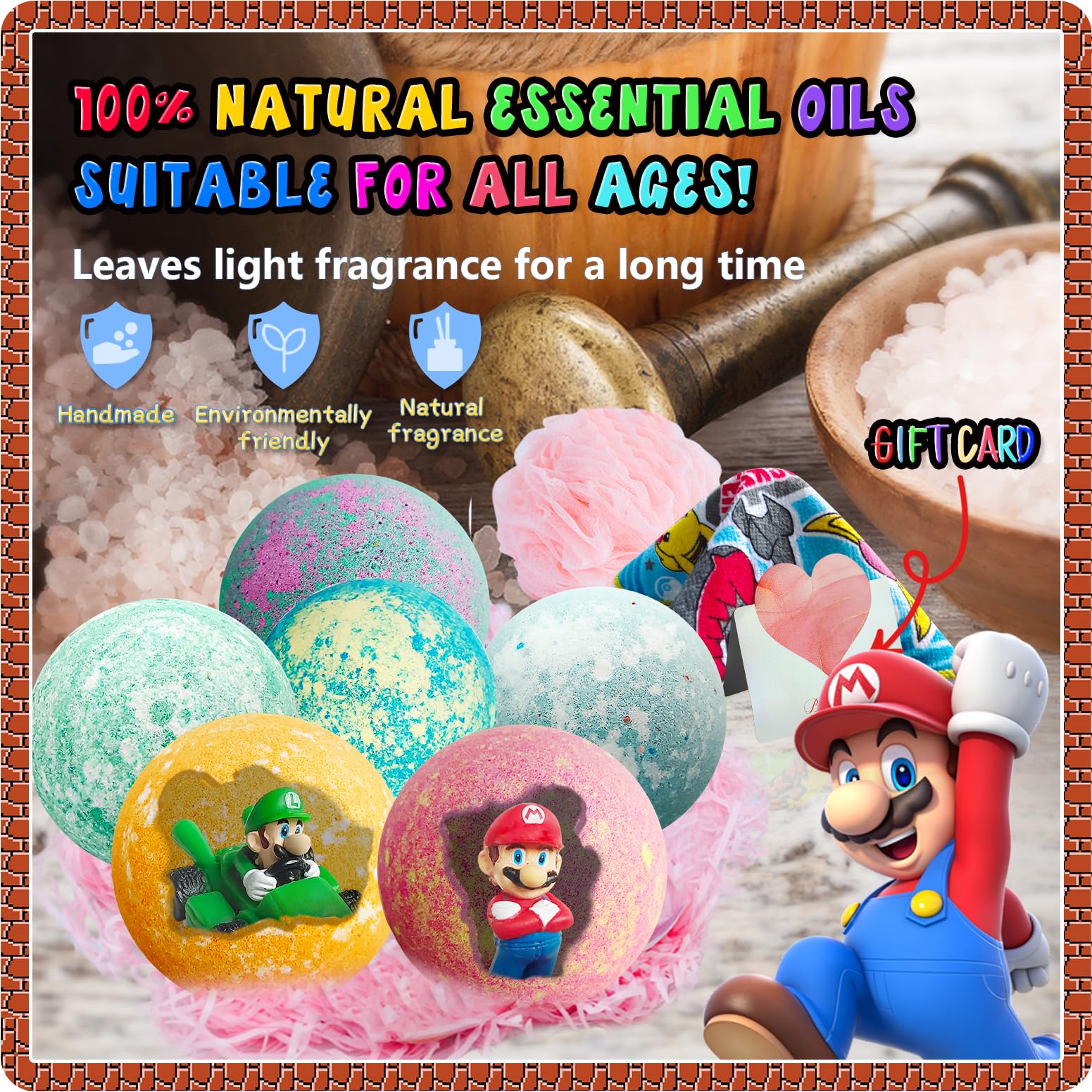 XXL Mario Bath Bombs with Toys Inside for Kids - Organic, Natural Essential Oils Rich Bath Bombs Gift Set for Dry Skin Moisturizing - Perfect for Girls & Boys Spa Bath, Birthday Gifts & Relaxation Time