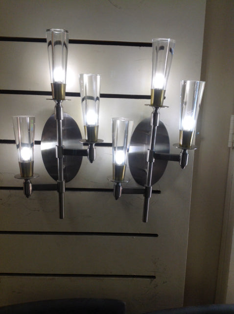 Set of 2 Silver & Gold 3-Arm Glass Wall Sconces - Elegant Lighting for Living Room, Bedroom, or Hallway Décor