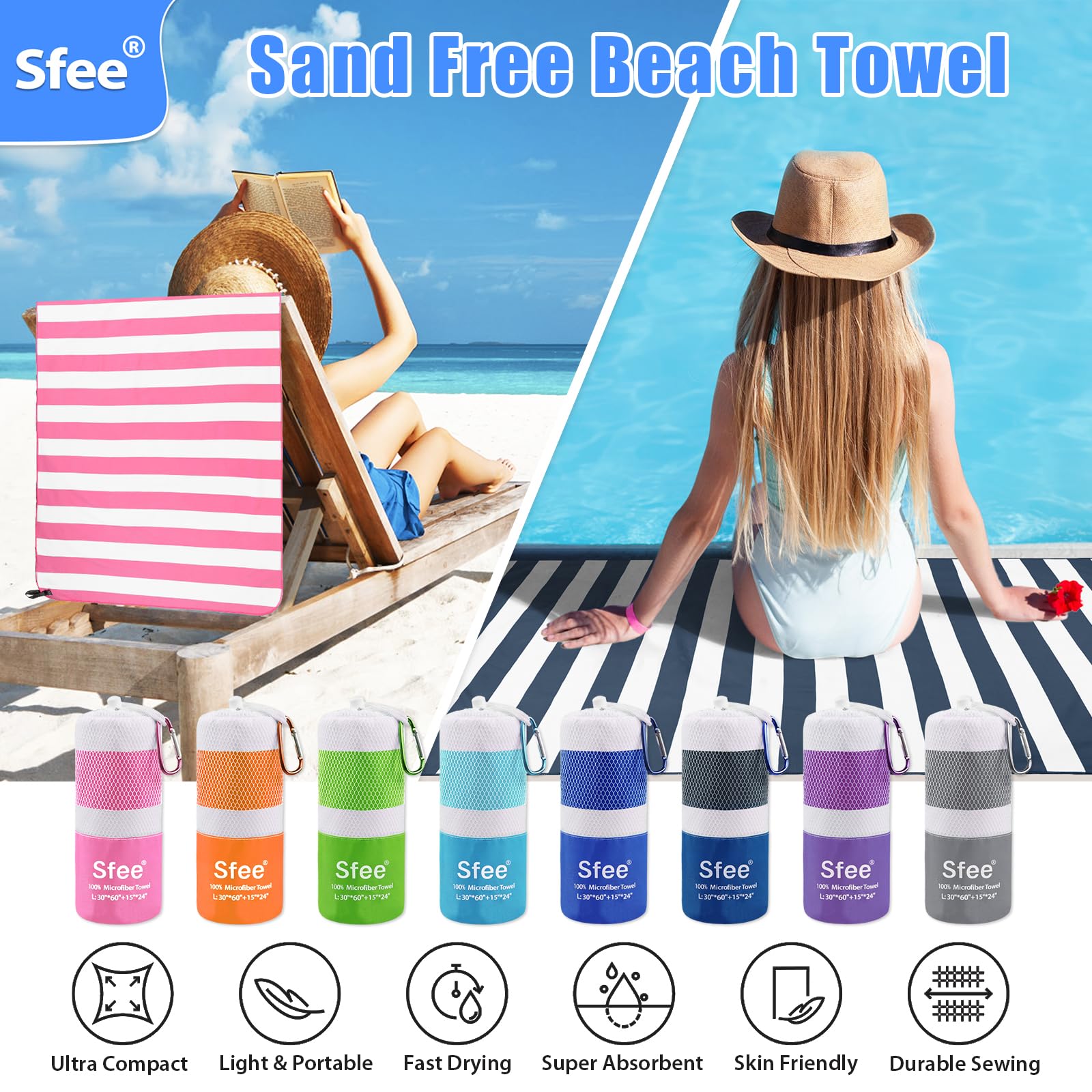 **Sfee 2-in-1 Microfiber Beach Towel - Quick Dry, Super Absorbent & Lightweight for Travel, Camping, Gym, Yoga, Pool & Hiking - Perfect for Outdoor Adventures, Sports & Relaxation**