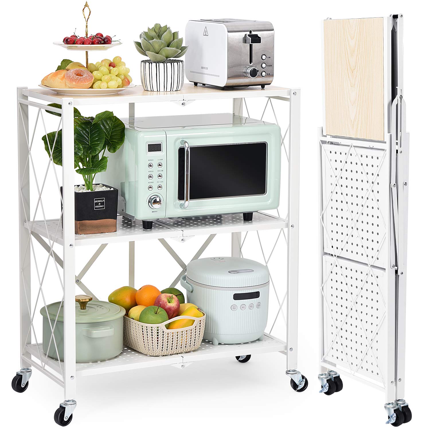 3-Tier Foldable Storage Shelves with Wheels - Heavy Duty Metal Wire Shelf Rack for Garage, Kitchen, Pantry & Basement Organization - No Assembly Required - Large Capacity Freestanding Shelving Unit (Ideal for Storing Tools, Food Supplies & Household Items)