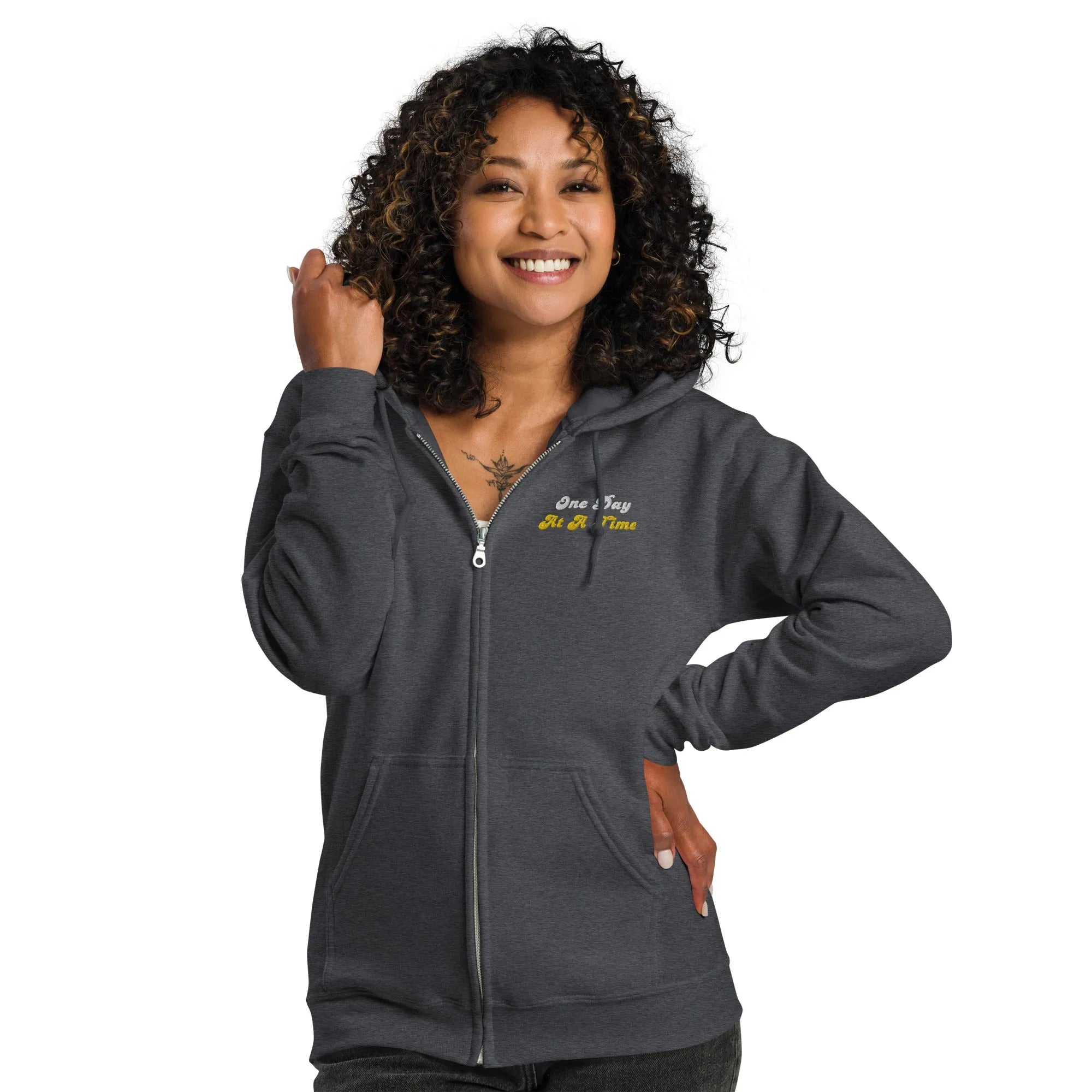 One Day At A Time Embroidered Zip Up Hoodie - Stylish Comfort for Everyday Wear, Perfect for Casual Outings and Relaxing at Home