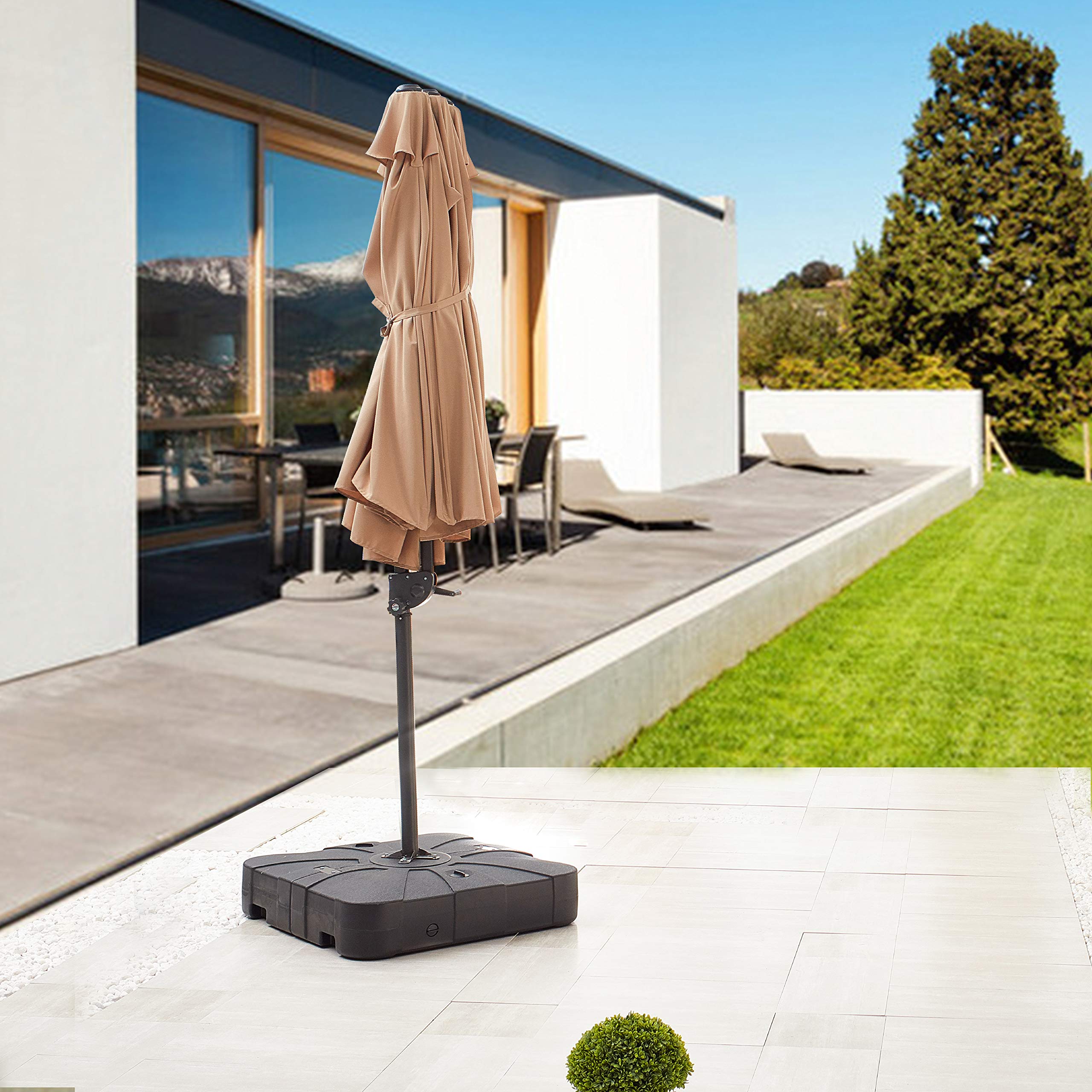 LOKATSE HOME 14.4 Ft Twin Head Outdoor Patio Market Umbrella with Crank & Weighted Base Stand - Large Rectangular Cantilever Hanging Umbrella Set in Khaki - Perfect for Poolside, Backyard, Beach, and Outdoor Dining Areas