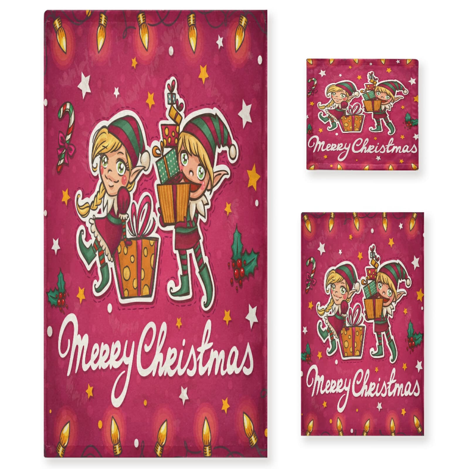 Xigua 3-Piece Christmas Elf Bath Towel Set - Soft & Absorbent Bath, Hand & Washcloth Towels for Home, Kitchen, Hotel, Gym & Swimming | Holiday Decor & Cozy Bathroom Essentials