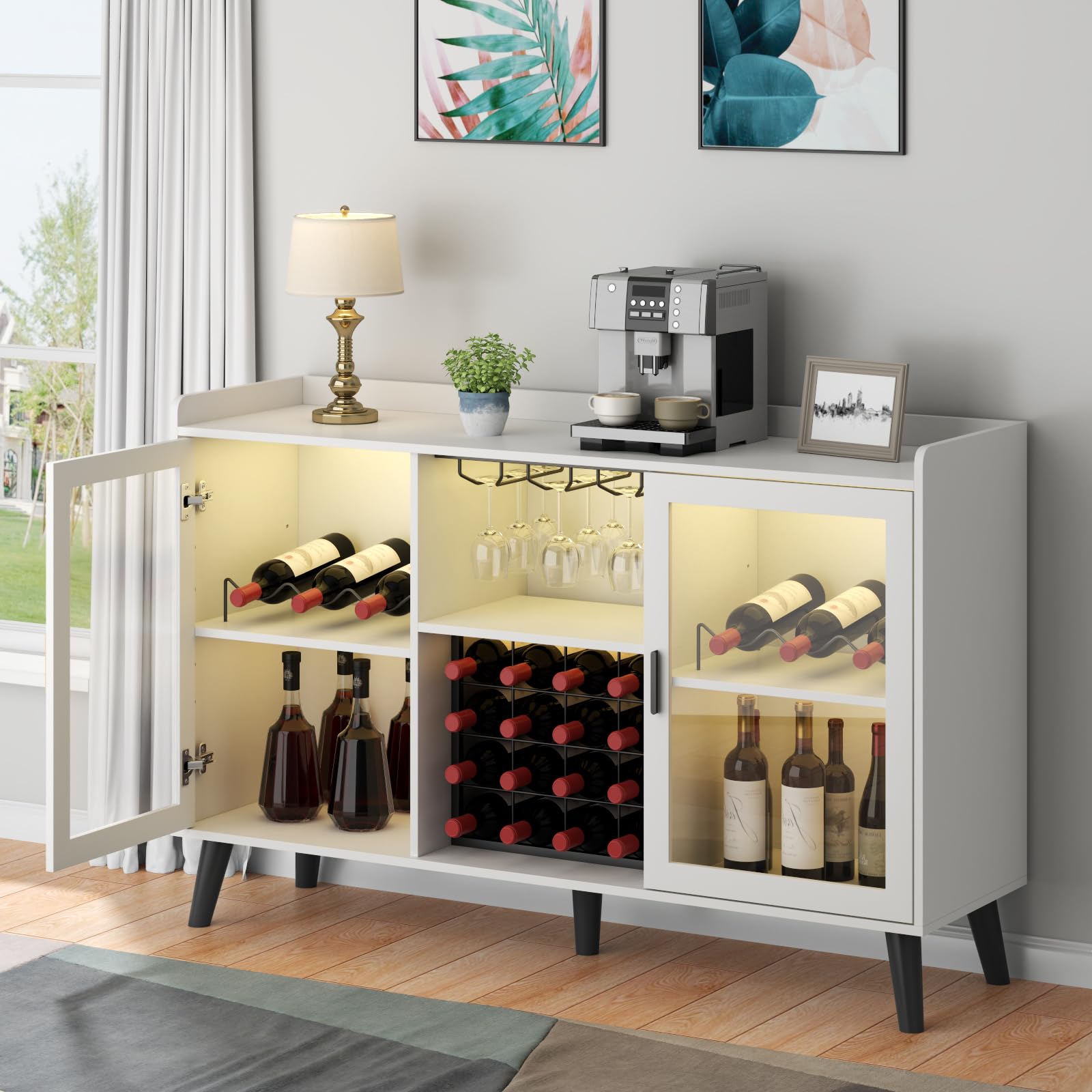 Modern Wine Bar Cabinet with LED Lights - Freestanding Kitchen Sideboard Buffet with Wine Rack, Glass Holder & Storage Shelves - White Glass Door Liquor Cabinet for Home, Dining Room & Entertaining Spaces
