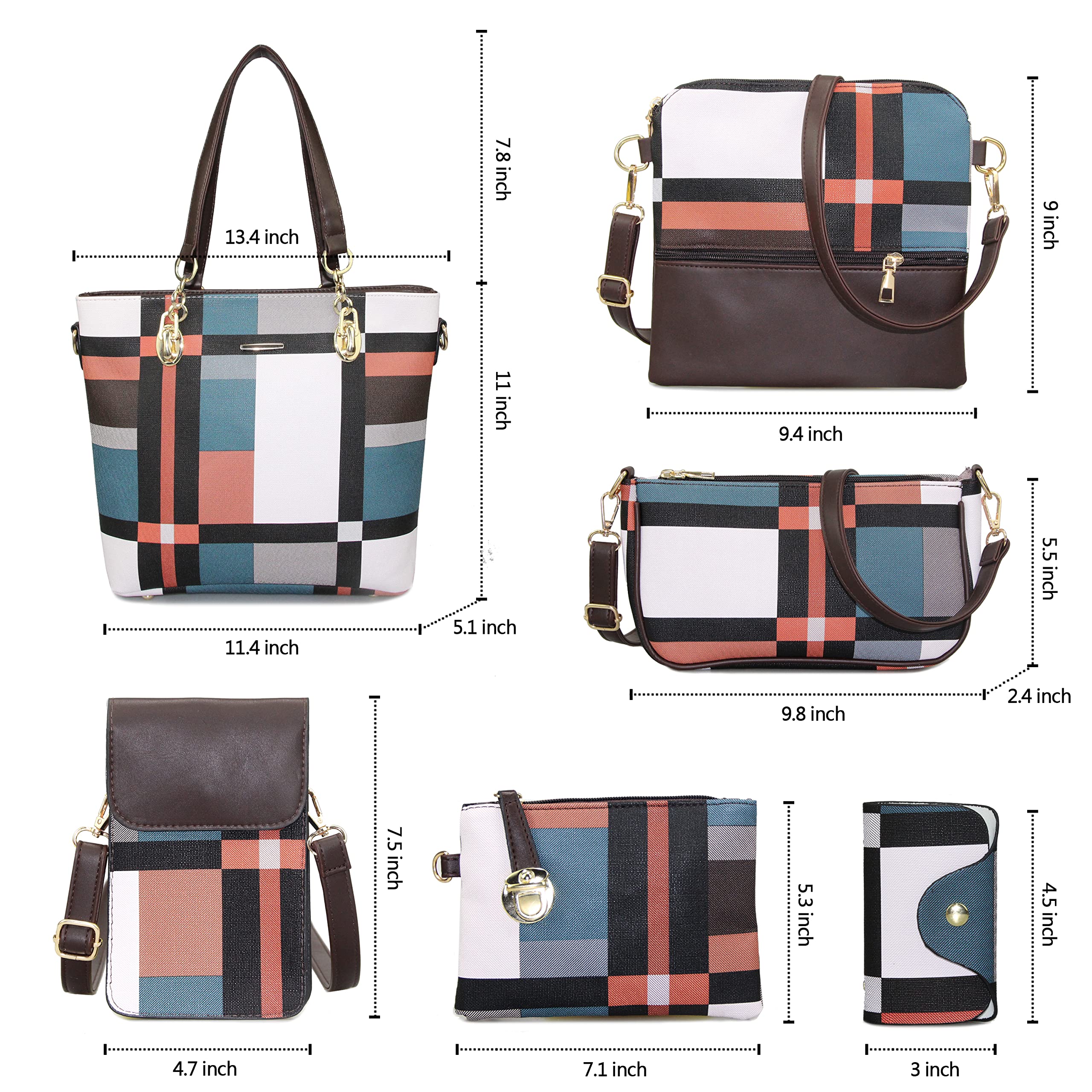 Women's Synthetic Leather Handbag Set - 6pcs Tote & Crossbody Bags for Work & Travel