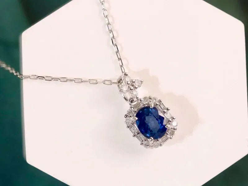18K White Gold Blue Sapphire and Diamond Pendant Necklace for Women - Elegant Square Shape Jewelry Gift for Anniversary, Birthday & Special Occasions