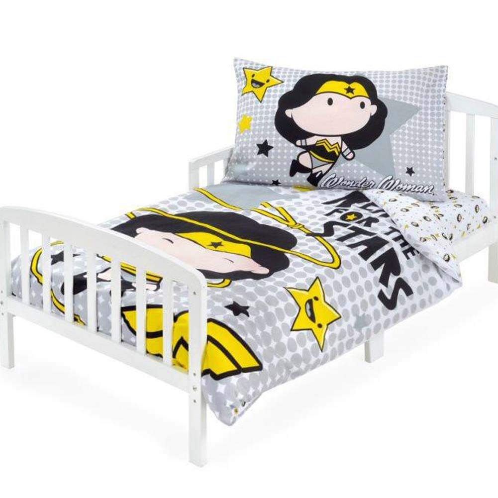 **Disney Wonder Woman Toddler Bedding Set - 3-Piece 100% Cotton Superhero Bedding (Fitted Sheet, Pillowcase, Duvet Cover) - Gray & White Design for Kids' Room Decor & Nursery**    *(Perfect for superhero-themed bedrooms, birthday gifts, or cozy toddler sleep!)*