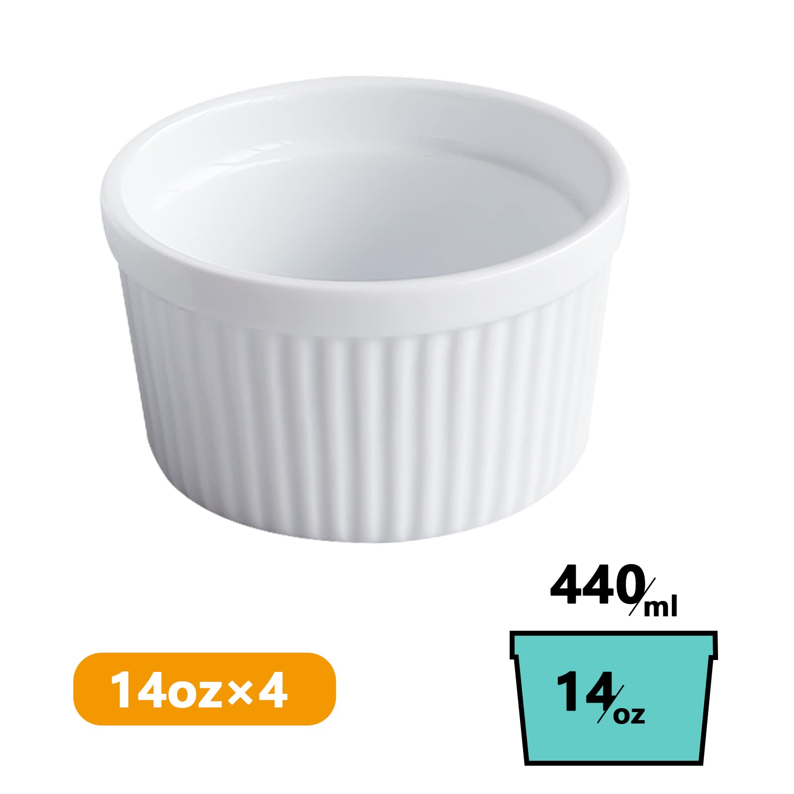 Set of 4 White 14oz Porcelain Souffle Ramekins - Oven & Microwave Safe Baking Dishes for Creme Brulee, Desserts, Sauces & Puddings | Perfect for Home Cooking, Meal Prep & Elegant Dinner Parties