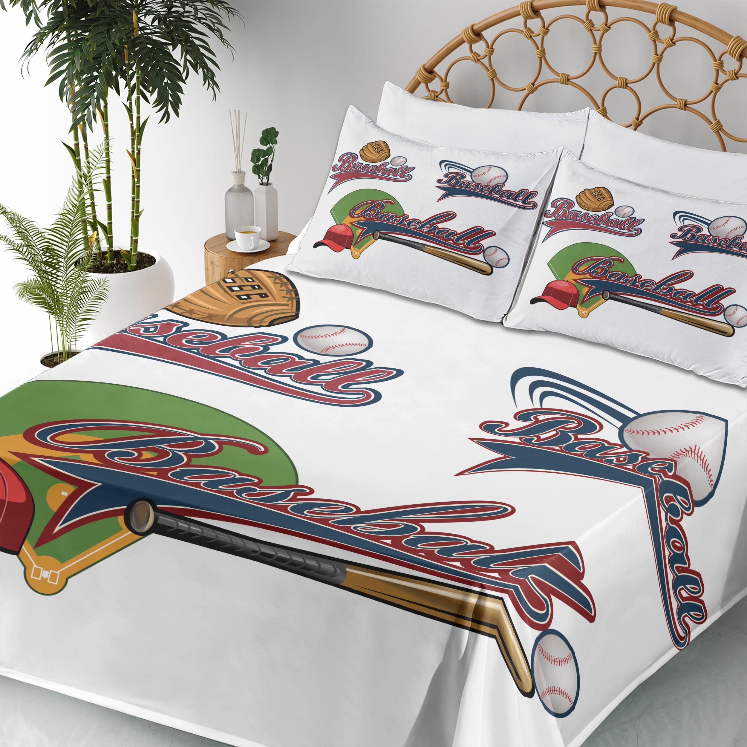 Ambesonne 3-Piece Baseball Sports Sheet Set - Twin XL Fitted & Flat Sheet with Pillowcase - Baseball Mitt, Bat & Ball Design - Team Sports Bedding for Kids & Adults - Perfect for Game Day Decor, Sports Themed Bedrooms & Fan Gifts