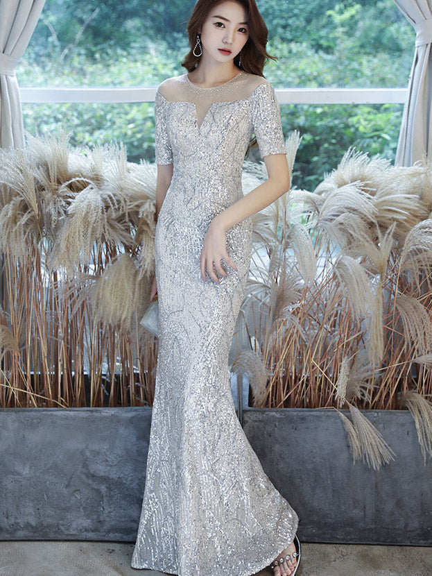 Elegant Sequin Illusion Shoulder Mermaid Evening Gown - Perfect for Prom, Wedding Guest & Formal Events