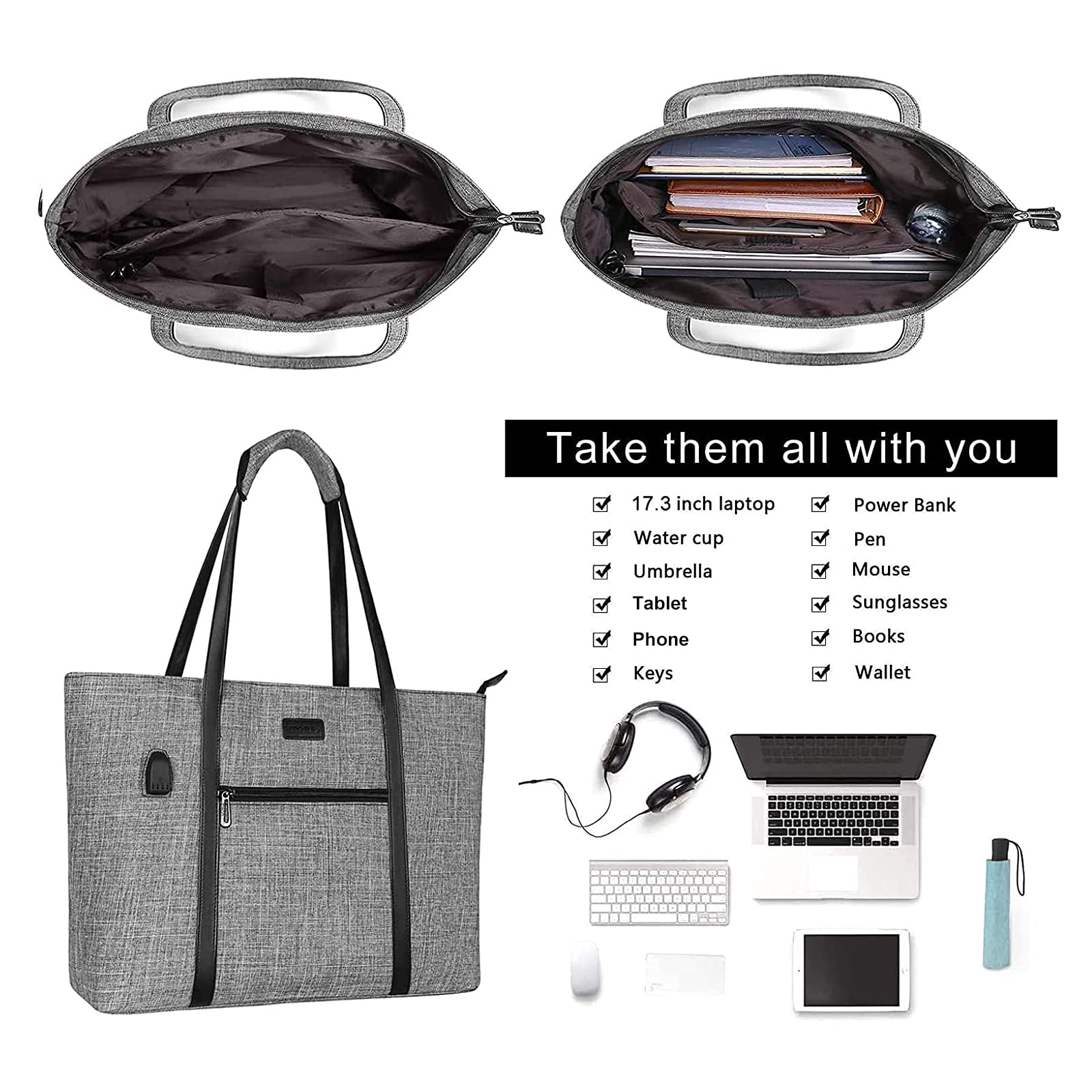 MOSISO Stylish USB Port Laptop Tote Bag for Women - Compatible with MacBook Pro/Air, 17-17.3 Inch Notebook & Chromebook - Water-Resistant Work Travel Business Computer Bag with Detachable Small Purse (Gray) - Perfect for Office Commute, Business Trips & College Use