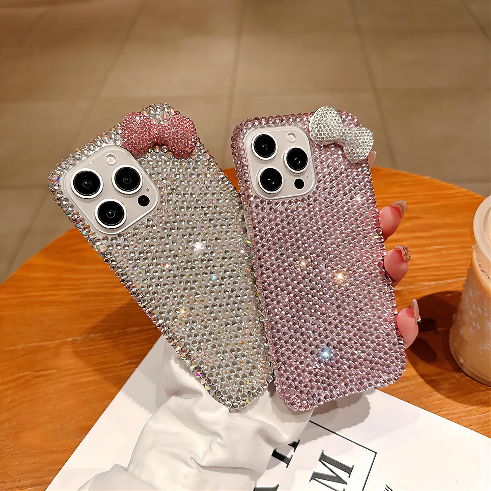 UMICASE Cute Glitter Rhinestone Bling Bow iPhone 13 Pro Max Case - Shockproof Fall Protection Phone Cover for Girls | Perfect for School, Parties & Everyday Use (White)