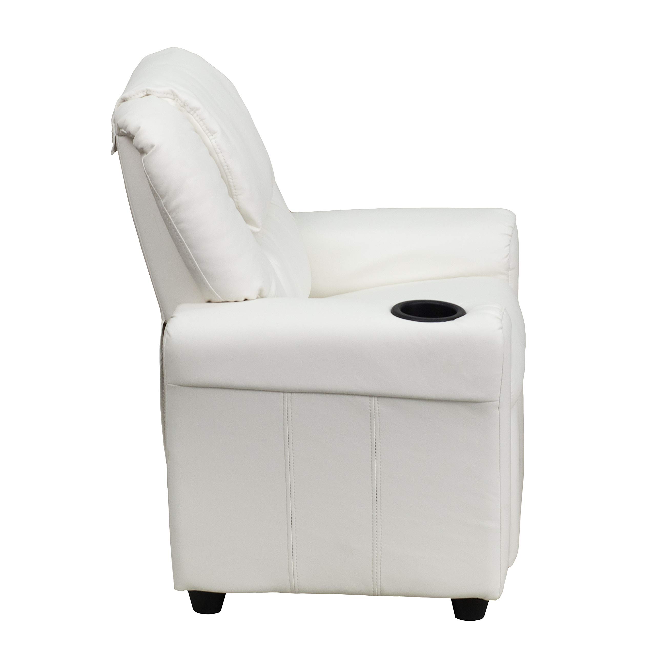 Emma & Oliver White Vinyl Kids Recliner Chair with Cup Holder & Headrest - Comfortable Children's Lounge Chair for Playroom, Bedroom or TV Time