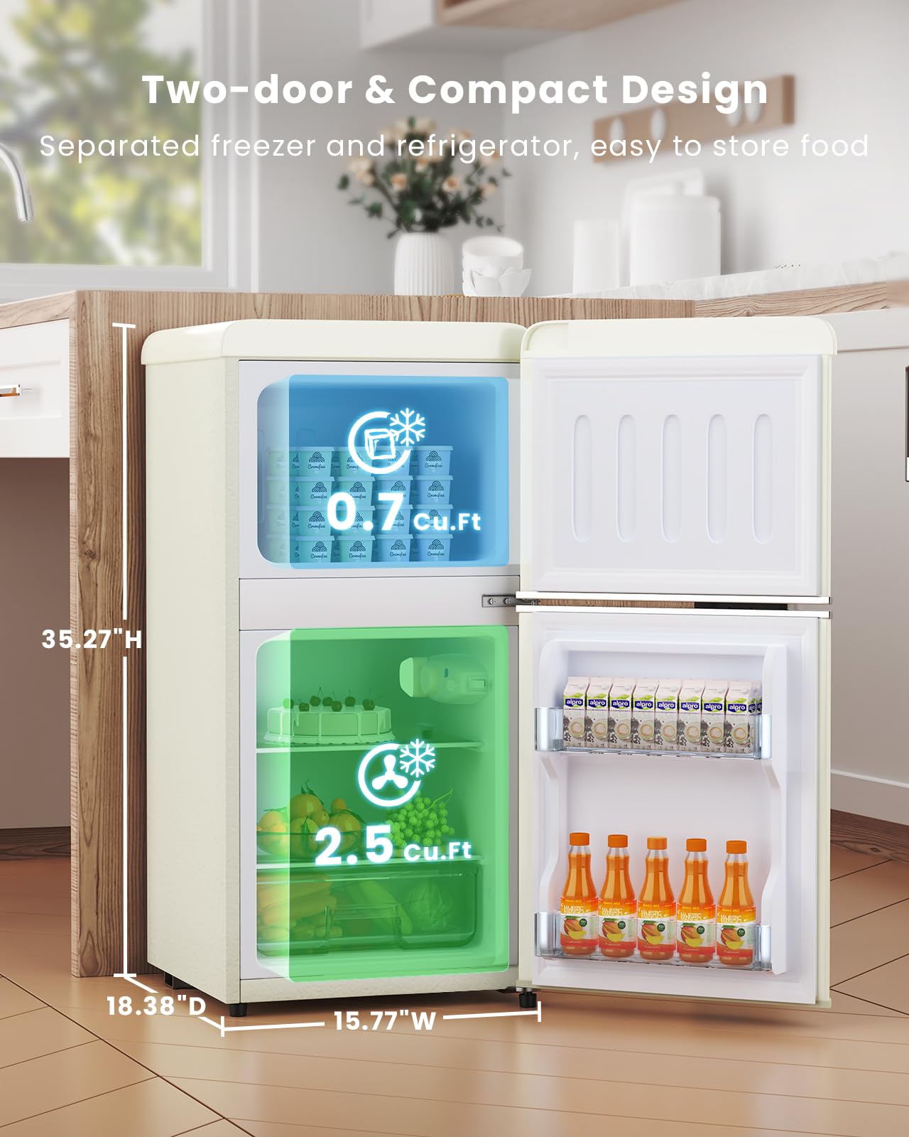 3.2 Cu.Ft Mini Fridge with Freezer - Energy Efficient Compact Refrigerator with 2 Doors for Bedroom, Dorm, Office & Apartment - Perfect for Beverages, Snacks & Small Spaces