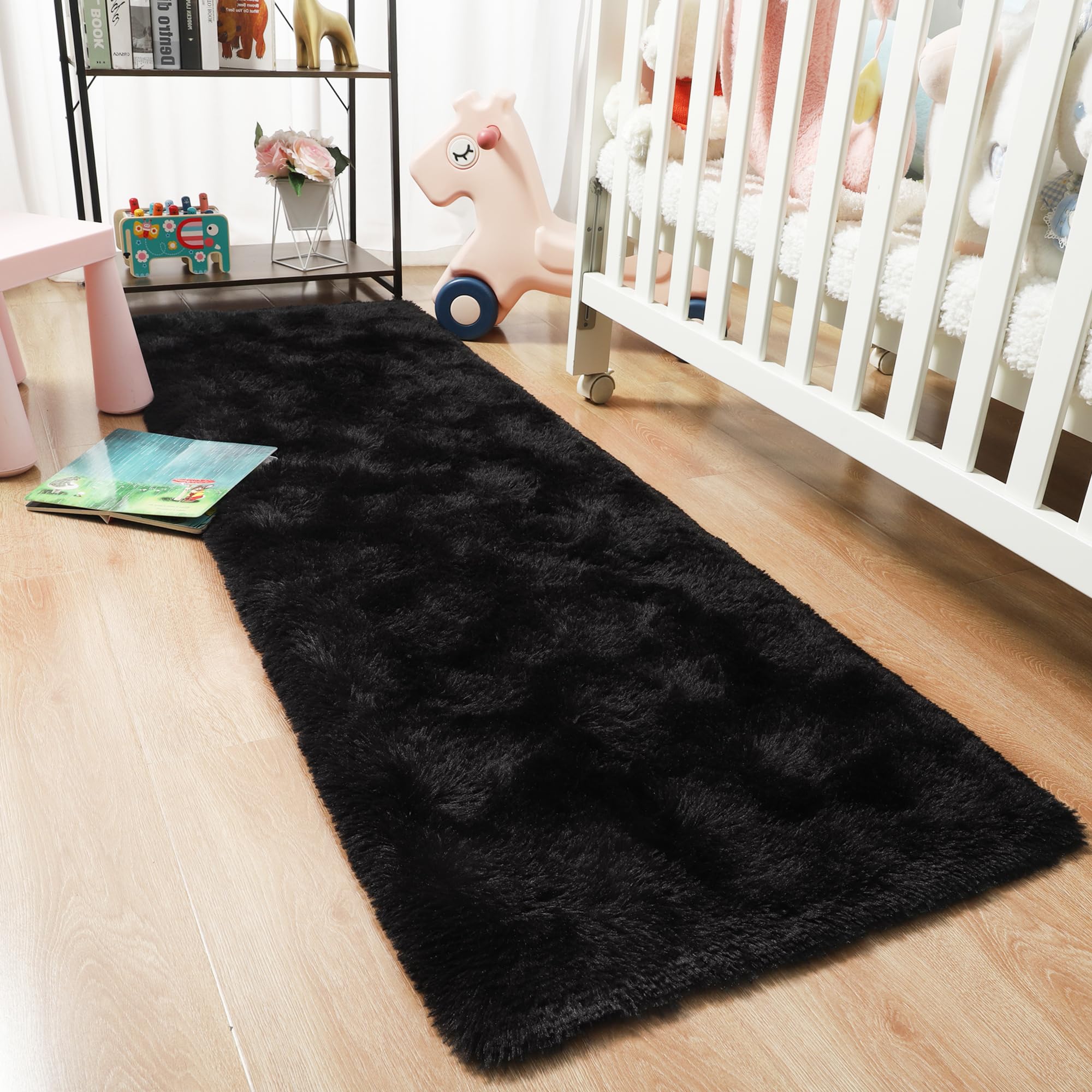Foxmas Soft Runner Rug - 2x6 Feet Fluffy Shag Area Rug with Non-Slip Bottom for Bedroom, Living Room, Nursery, Kids Room & Dorm | Plush Carpet for Cozy Home Decor, Hallway & Bedside Use (Black)
